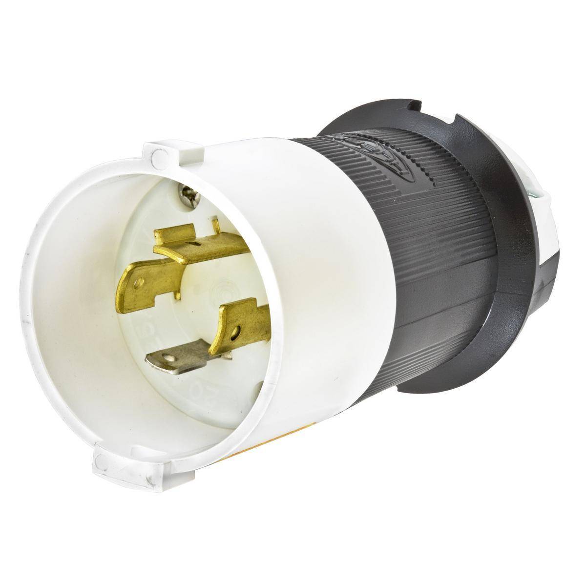 Wiring Device-Kellems Twist-Lock® Safety-Shroud® HBL2411SA 1-Phase Angled Grounding Male Locking Plug, 125/250 VAC, 20 A, 3 Poles, 4 Wires, Black/White