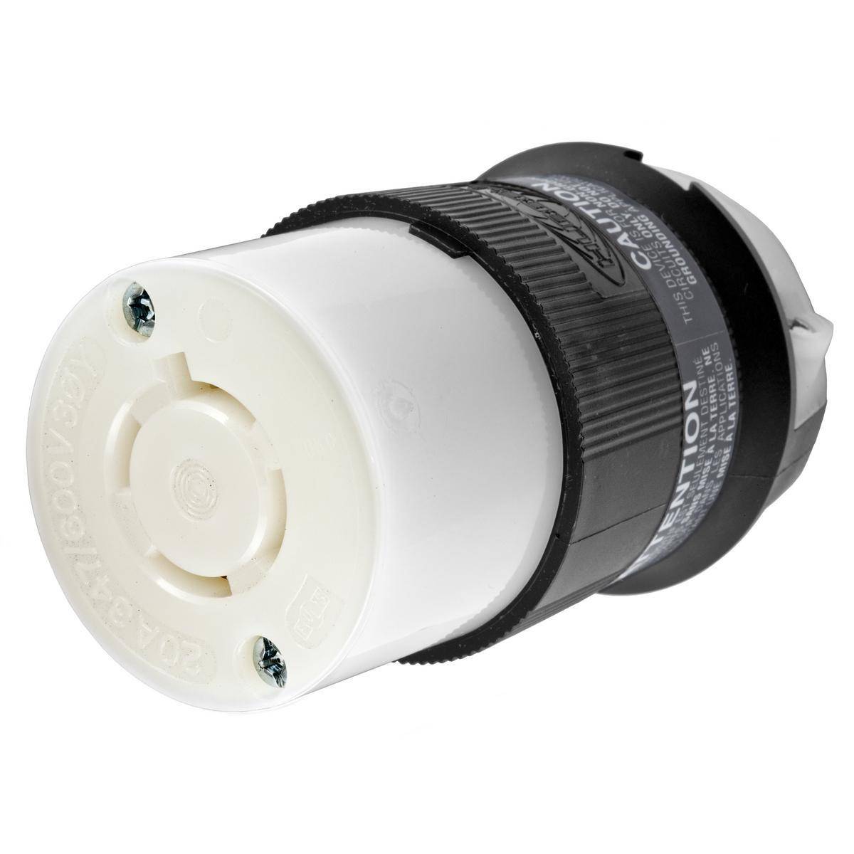Wiring Device-Kellems Twist-Lock® Insulgrip® HBL2463 3-Phase Heavy Duty Isolated Non-Grounding Standard Sized Cord Mount Female Connector, 347Y/600 VAC, 20 A, 4 Poles, 4 Wires, Black/White