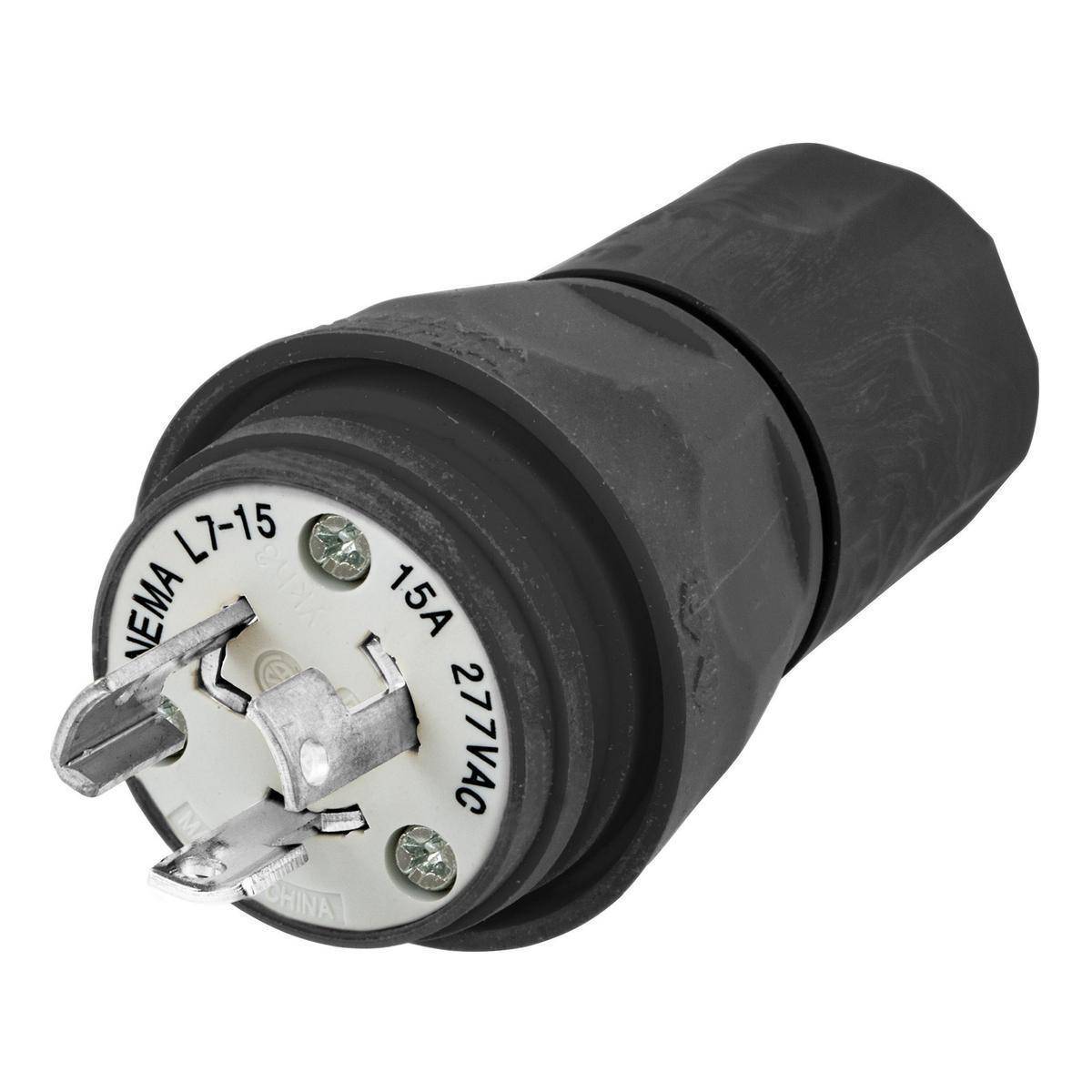 Wiring Device-Kellems Twist-Lock® HBL24W34BK 1-Phase Grounding Watertight Locking Plug, 277 VAC, 15 A, 2 Poles, 3 Wires, Black