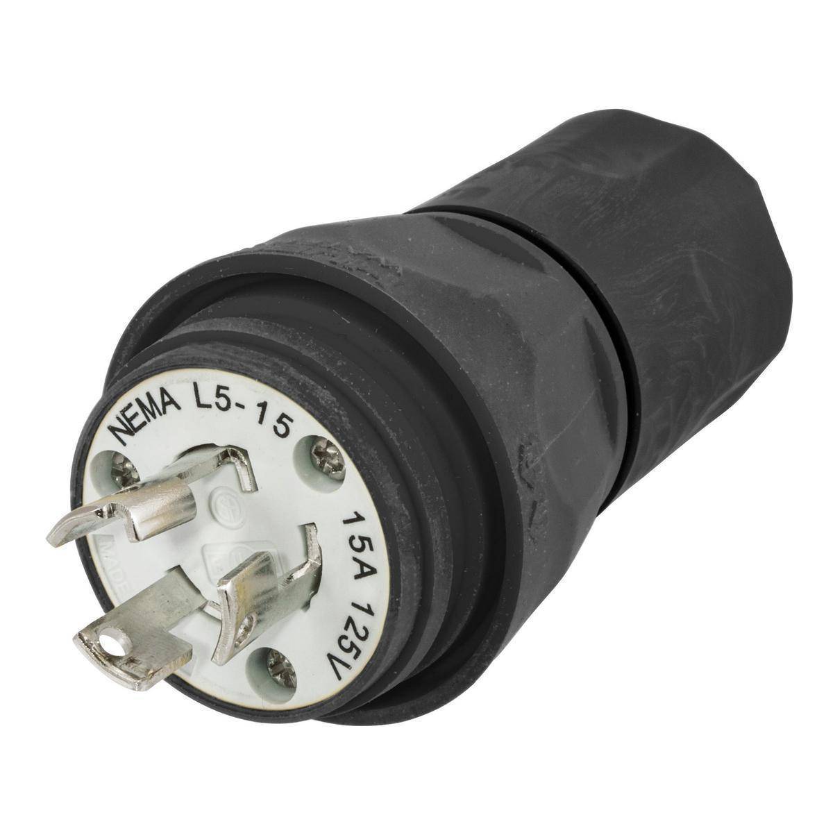 Wiring Device-Kellems Twist-Lock® HBL24W47BK 1-Phase Grounding Male Standard Watertight Cord Mount Locking Plug, 125 VAC, 15 A, 2 Poles, 3 Wires, Black