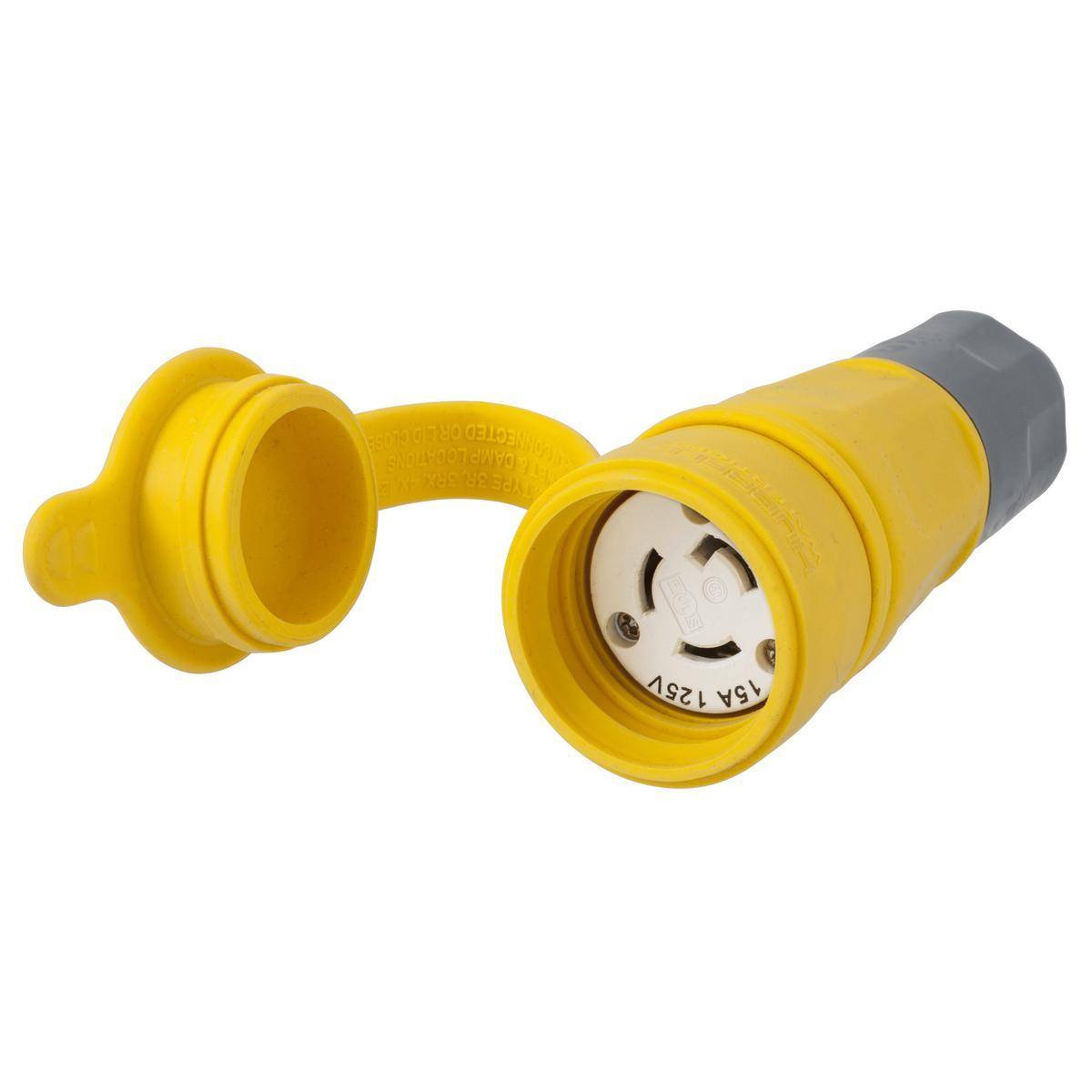 Wiring Device-Kellems Twist-Lock® Elastogrip® HBL25W47AM1 Grounding Water/Dust-Tight Locking Female Connector, 125 VAC, 15 A, 2 Poles, 3 Wires, Yellow