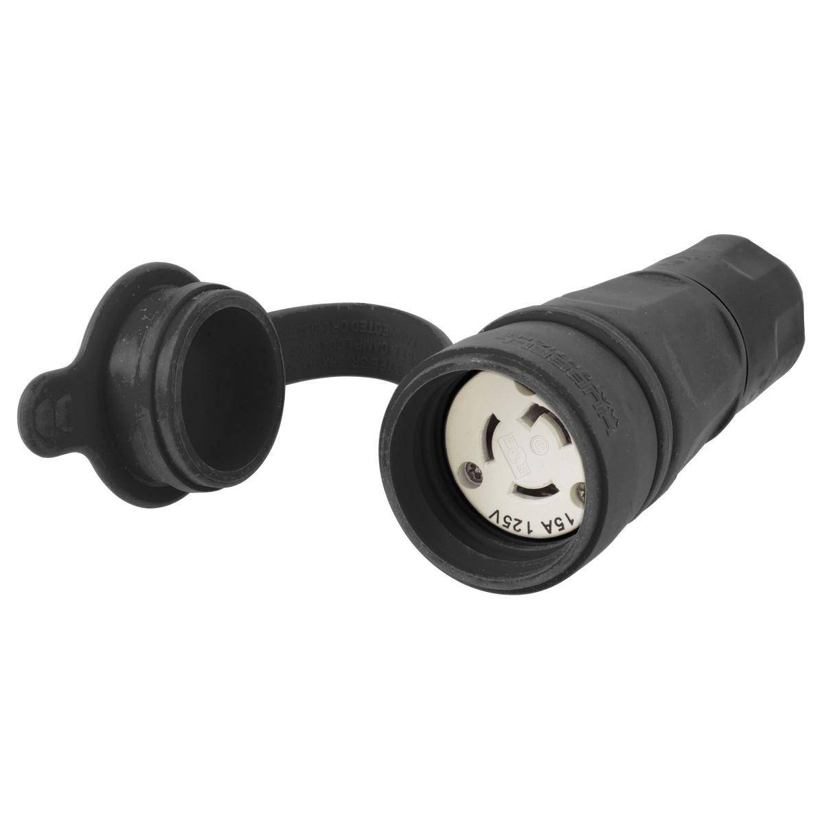 Wiring Device-Kellems HBL25W47BK Female Grounding Standard Watertight Cord Mount Connector, 125 VAC, 15 A, 2 Poles, 3 Wires, Black