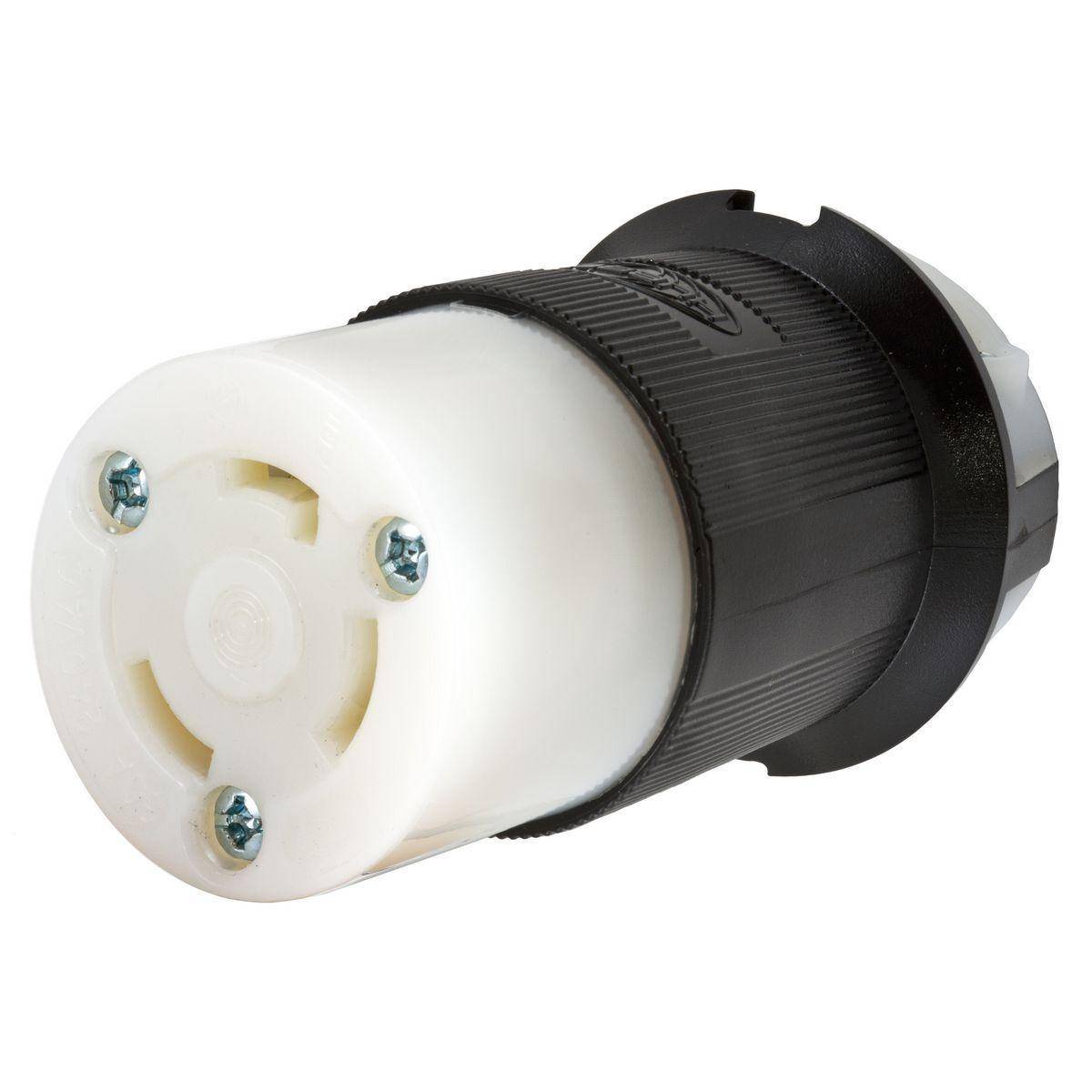 Wiring Device-Kellems Twist-Lock® Insulgrip® HBL2603 Heavy Duty Insulated Isolated Ground Standard Cord Mount Locking Female Connector, 240 VAC, 30 A, 2 Poles, 3 Wires, Black/White