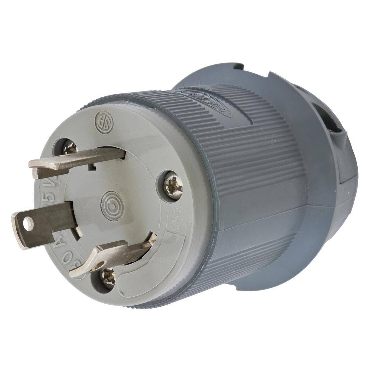 Wiring Device-Kellems Insulgrip® Twist-Lock® HBL2611F Non-Shrouded Watertight Locking Plug, 125 VAC, 30 A, 2 Poles, 3 Wires, Gray