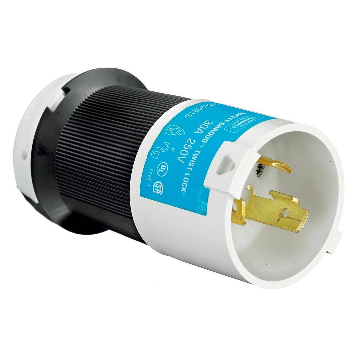Wiring Device-Kellems Twist-Lock® Safety-Shroud® HBL2621SA 1-Phase Angled Grounding Male Locking Plug, 250 VAC, 30 A, 2 Poles, 3 Wires, Black/White