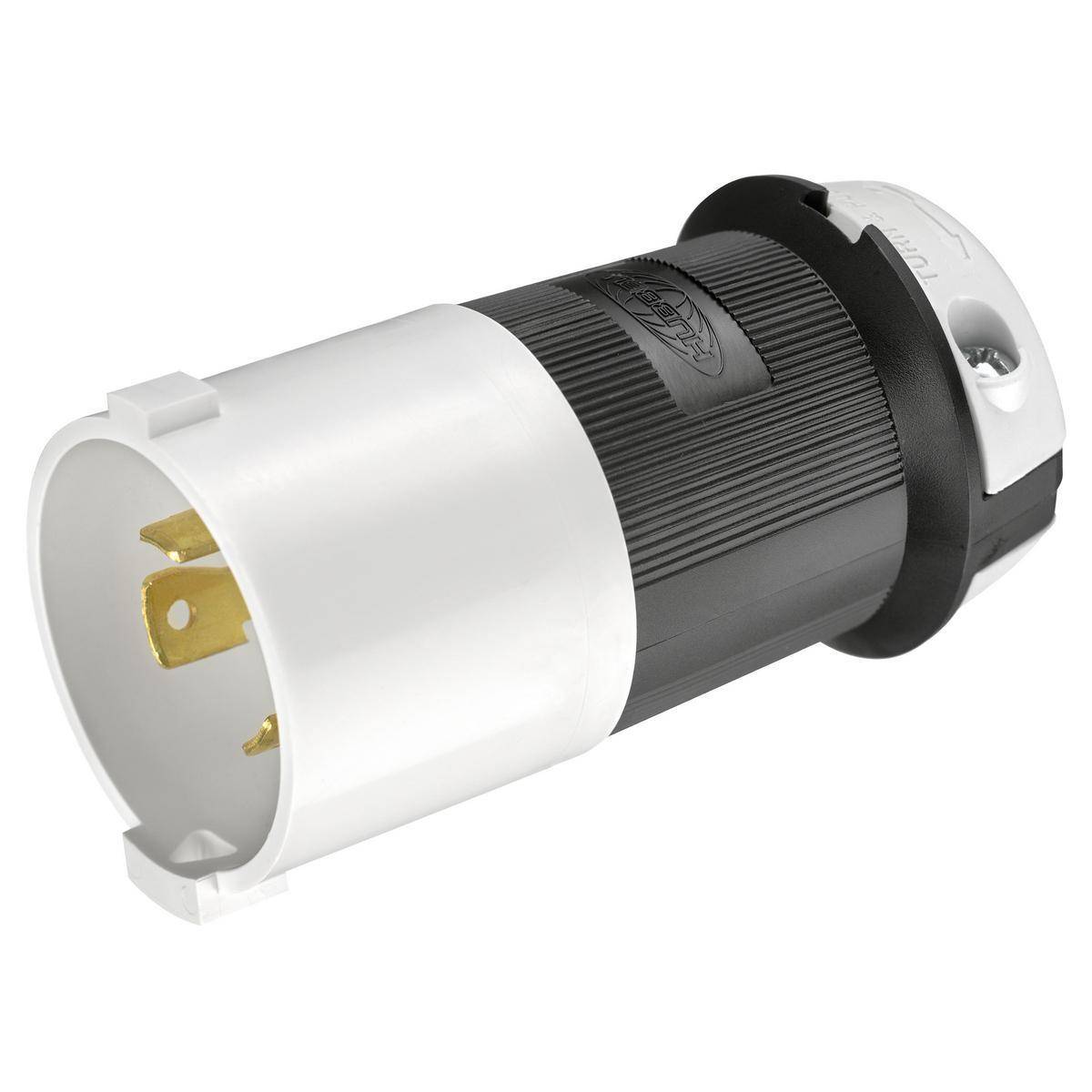 Wiring Device-Kellems Twist-Lock® Safety-Shroud® HBL2621SA 1-Phase Angled Grounding Male Locking Plug, 250 VAC, 30 A, 2 Poles, 3 Wires, Black/White