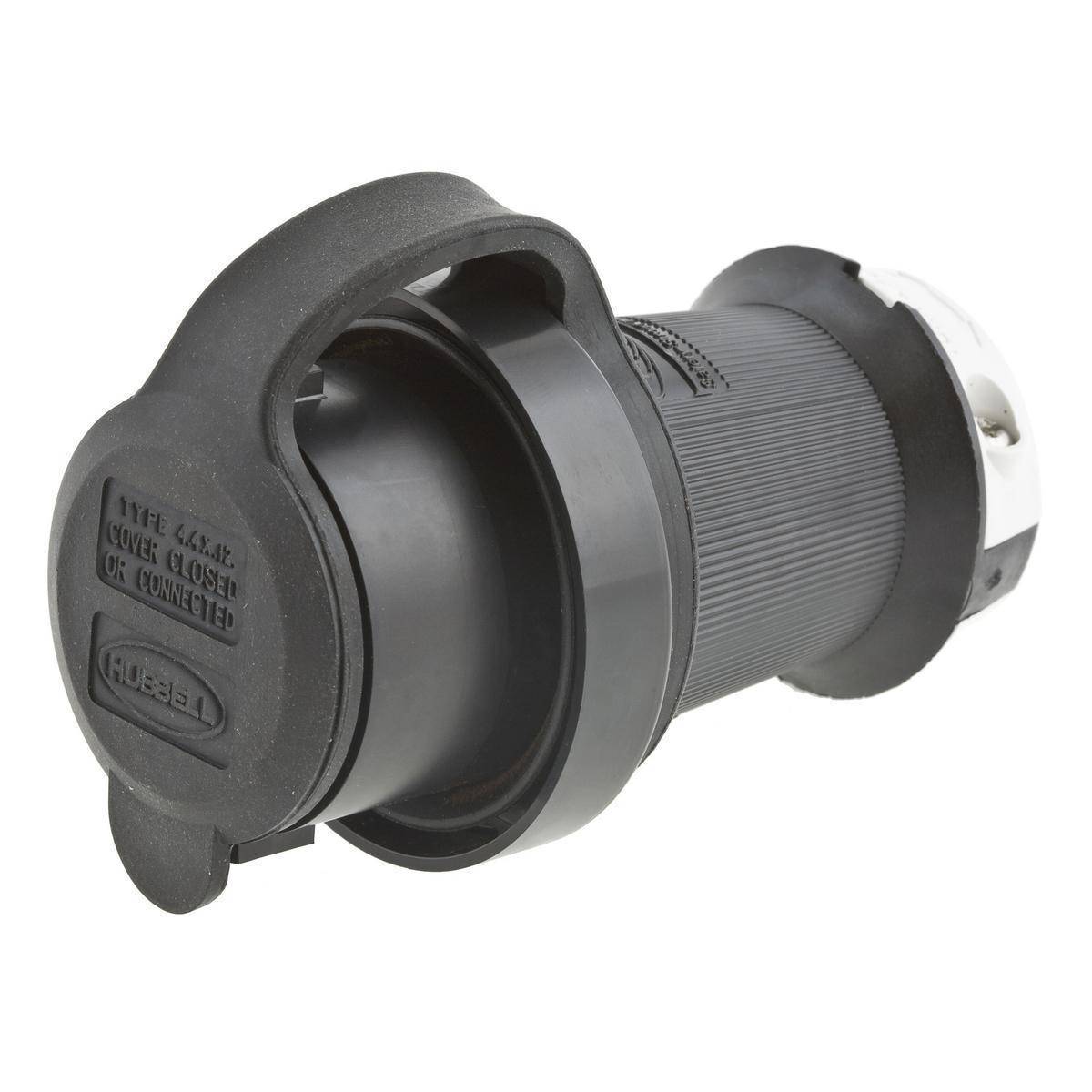 Wiring Device-Kellems Twist-Lock® Safety-Shroud® HBL2331SW 1-Phase Grounding Male Standard Watertight Cord Mount Locking Plug, 277 VAC, 20 A, 2 Poles, 3 Wires, Black/White