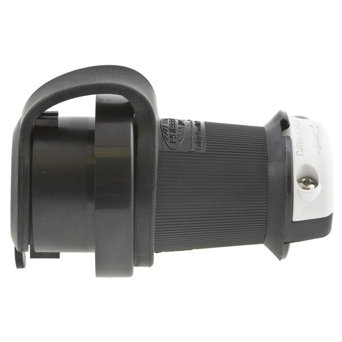 Wiring Device-Kellems Twist-Lock® Safety-Shroud® HBL2331SW 1-Phase Grounding Male Standard Watertight Cord Mount Locking Plug, 277 VAC, 20 A, 2 Poles, 3 Wires, Black/White