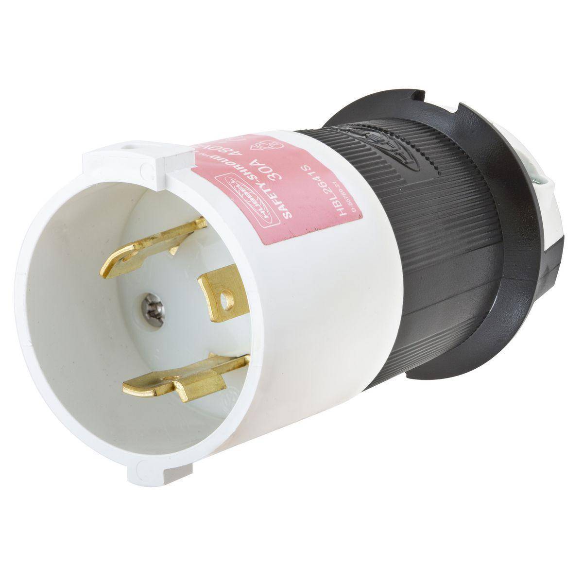 Wiring Device-Kellems Twist-Lock® Safety-Shroud® HBL2641S 1-Phase Grounding Male Standard Cord Mount Locking Plug, 480 VAC, 30 A, 2 Poles, 3 Wires, Black/White
