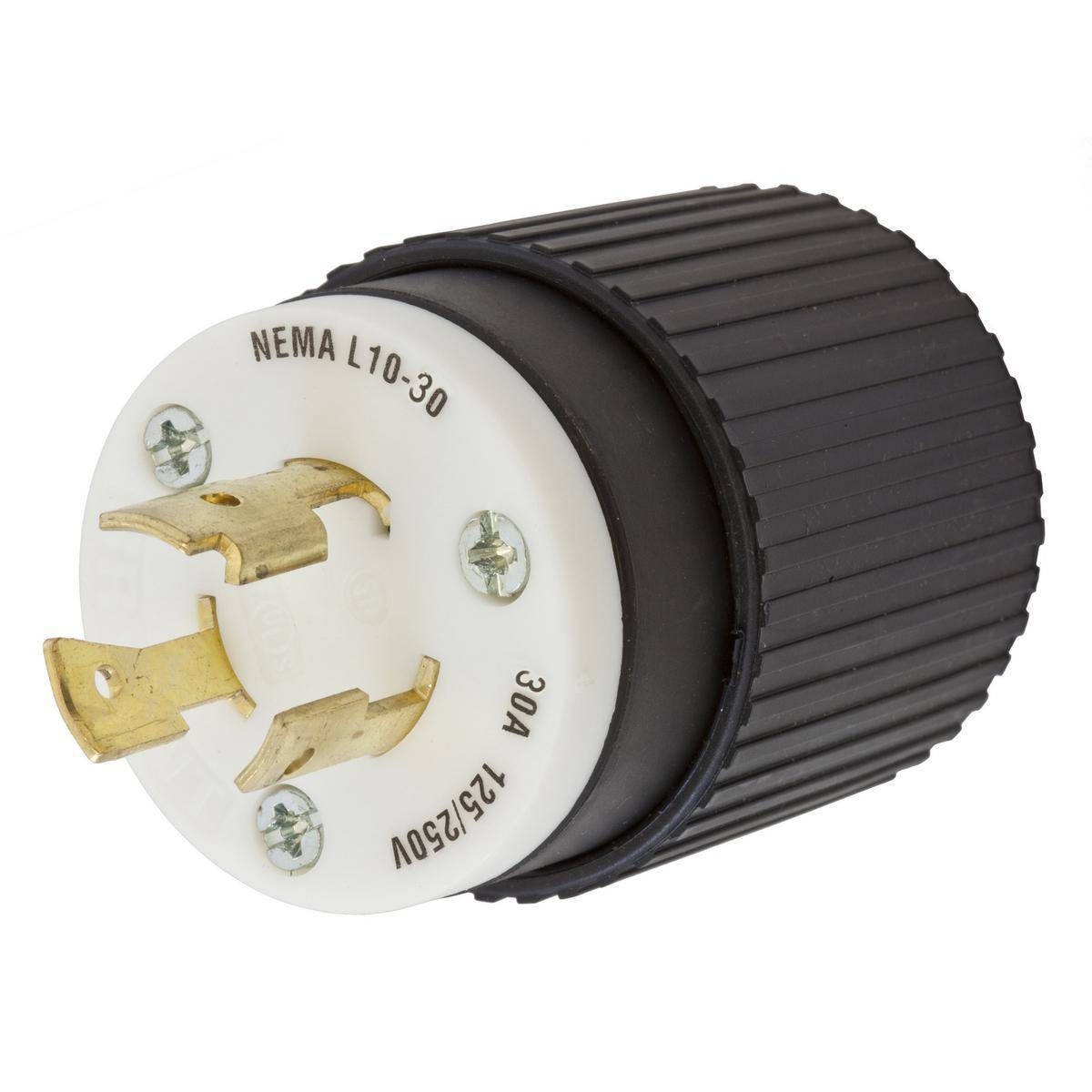 Wiring Device-Kellems HBL2661 1-Phase Non-Grounding Portable Standard Sized Watertight Cord Mount Locking Male Plug, 125/250 VAC, 30 A, 3 Poles, 3 Wires, Black/White