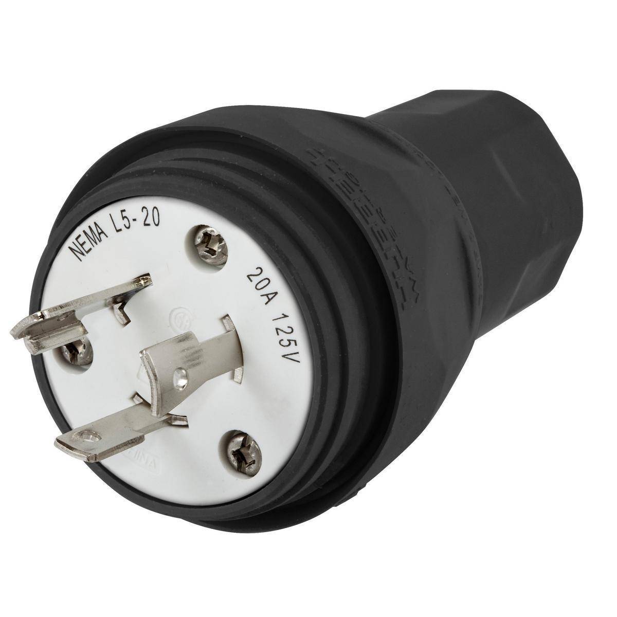 Wiring Device-Kellems Twist-Lock® Elastogrip® HBL26W47BK 1-Phase Grounding Portable Standard Sized Water/Dust-Tight Cord Mount Watertight Locking Male Plug, 125 VAC, 20 A, 2 Poles, 3 Wires, Black