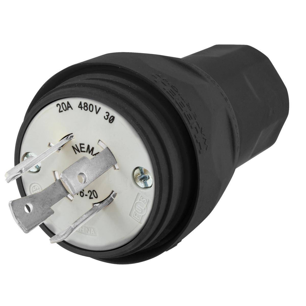 Wiring Device-Kellems HBL26W76BK 3-Phase Grounding Male Standard Cord Mount Watertight Locking Plug, 480 VAC, 20 A, 3 Poles, 4 Wires, Black