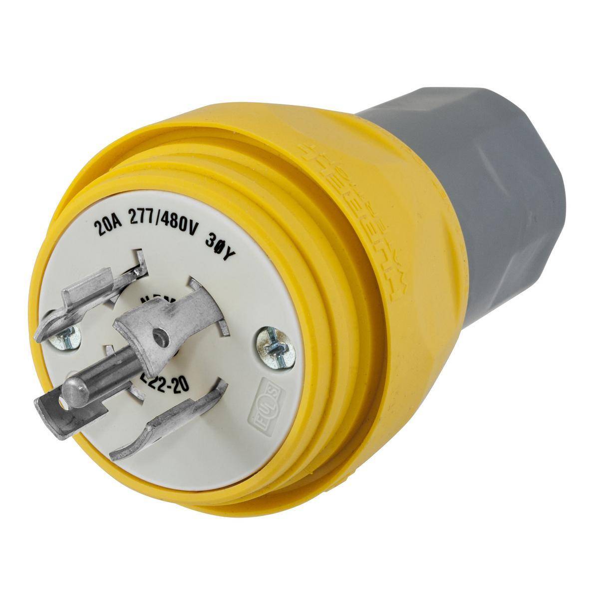 Wiring Device-Kellems Twist-Lock® HBL26W82 3-Phase Grounding Male Standard Cord Mount Watertight Locking Plug, 277/480 VAC, 20 A, 4 Poles, 5 Wires, Yellow