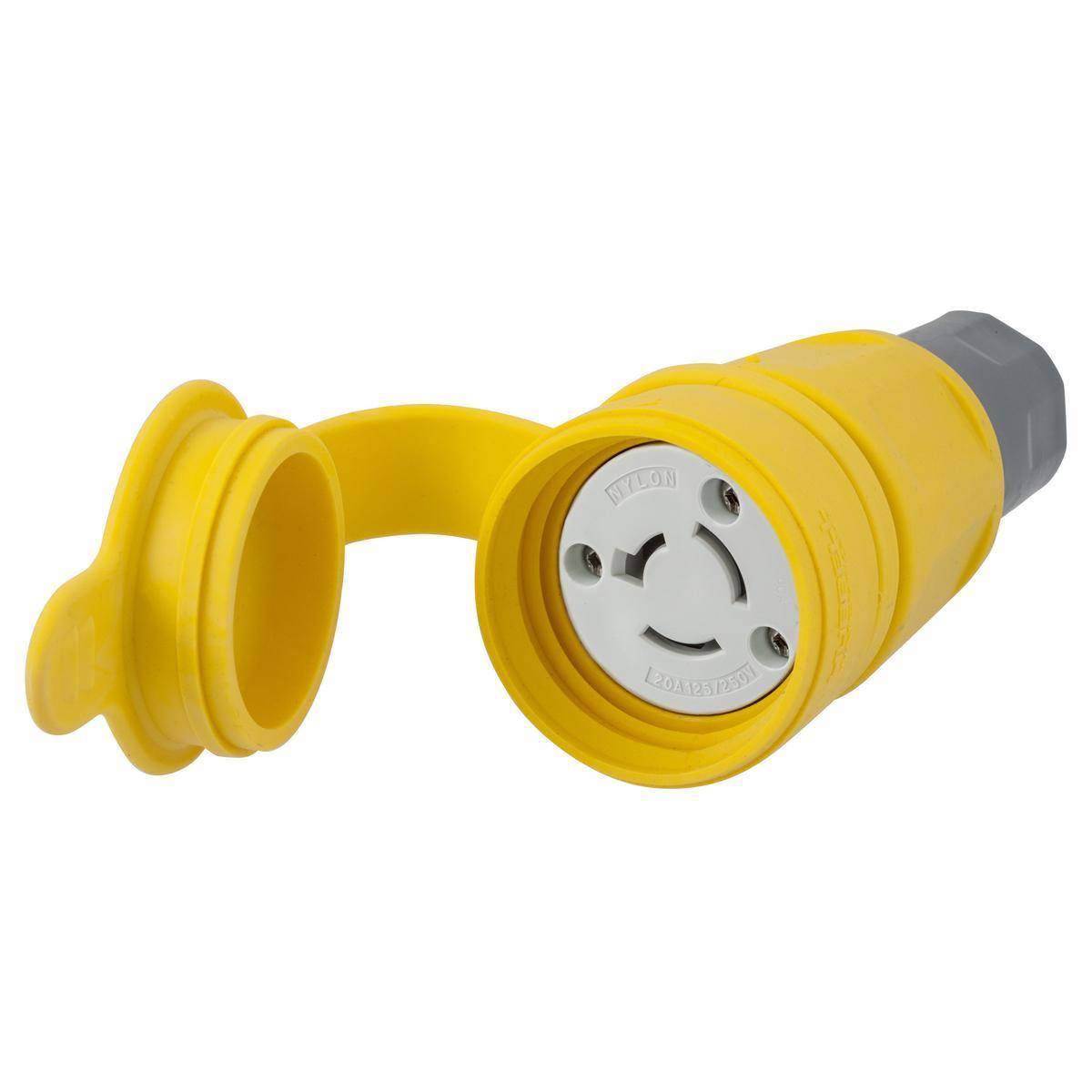 Wiring Device-Kellems Twist-Lock® Elastogrip® HBL27W08 Non-Grounding Standard Sized Watertight Surface Mount Female Connector, 125/250 VAC, 20 A, 3 Poles, 3 Wires, Yellow