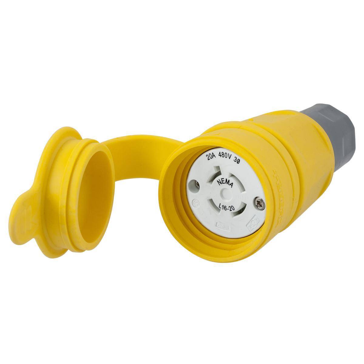 Wiring Device-Kellems Twist-Lock® Elastogrip® HBL27W76M1 3-Phase Grounding Standard Sized Water/Dust-Tight Surface Mount Watertight Female Connector, 480 Delta VAC, 20 A, 3 Poles, 3 Wires, Yellow