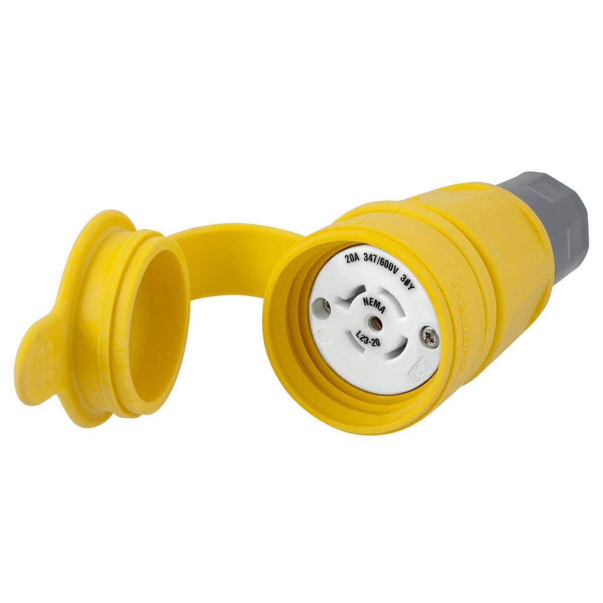 Wiring Device-Kellems Twist-Lock® HBL27W83 3-Phase Isolated Grounding Standard Sized Watertight Cord Mount Locking Connector, 347/600 VAC, 20 A, 4 Poles, 5 Wires, Yellow