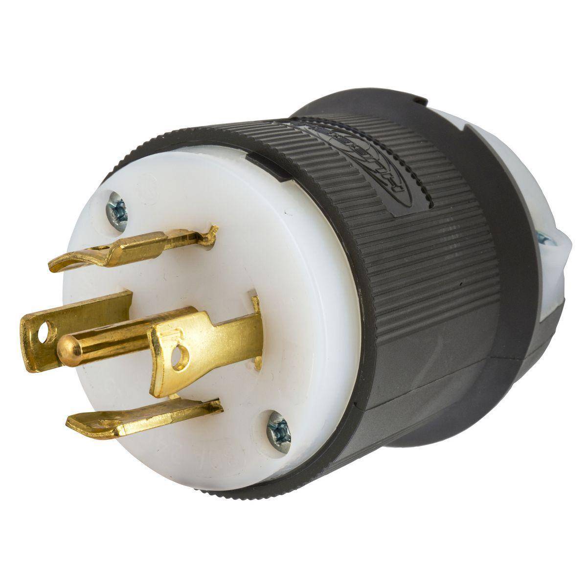 Wiring Device-Kellems Twist-Lock® Safety-Shroud® Insulgrip® HBL2801 3-Phase Extra Heavy Duty Grounding Male Portable Standard Cord Mount Locking Plug, 240/415 VAC, 30 A, 4 Poles, 5 Wires, Black/White