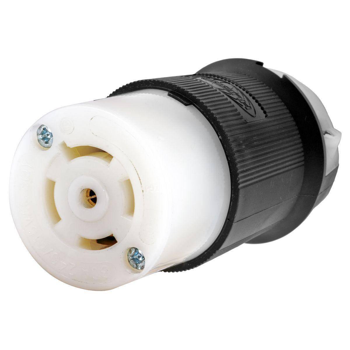 Wiring Device-Kellems Twist-Lock® Insulgrip® Safety-Shroud® HBL2803 3-Phase 5-Wire Grounding Heavy Duty Insulated Watertight Standard Cord Mount Locking Female Connector, 240/415 VAC, 30 A, 4 Poles, 5 Wires, Black/White