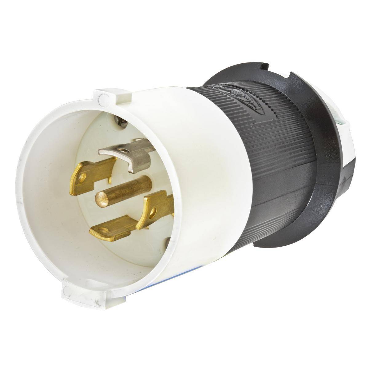 Wiring Device-Kellems Twist-Lock® Safety-Shroud® HBL2811S 3-Phase Grounding Male Shrouded Standard Cord Mount Locking Plug, 120/208 VAC, 30 A, 4 Poles, 5 Wires, Black/White