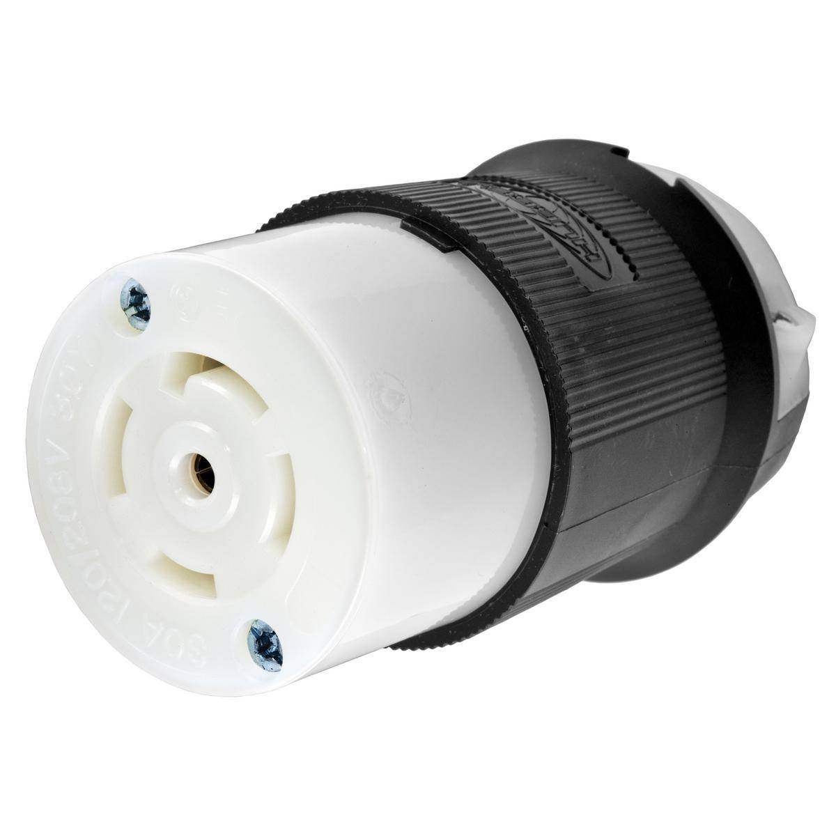 Wiring Device-Kellems Twist-Lock® Insulgrip® HBL2813FC 3-Phase Heavy Duty Isolated Grounding Standard Sized Cord Mount Female Connector, 120Y/208 VAC, 30 A, 4 Poles, 5 Wires, Black/White