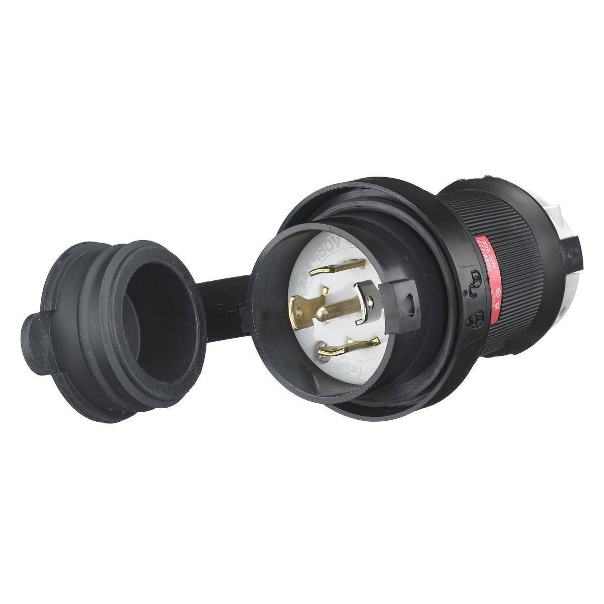 Wiring Device-Kellems Twist-Lock® Safety-Shroud® HBL2821SW 3-Phase Watertight Grounding Standard Sized Cord Mount Locking Male Plug, 277/480 VAC, 30 A, 4 Poles, 5 Wires, Black/White