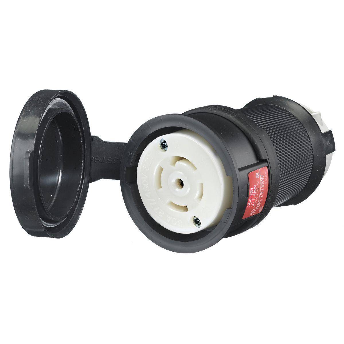 Wiring Device-Kellems Twist-Lock® HBL2823SW 3-Phase Grounding Shrouded Watertight Locking Connector, 277Y/480 VAC, 30 A, 4 Poles, 5 Wires, Black/White