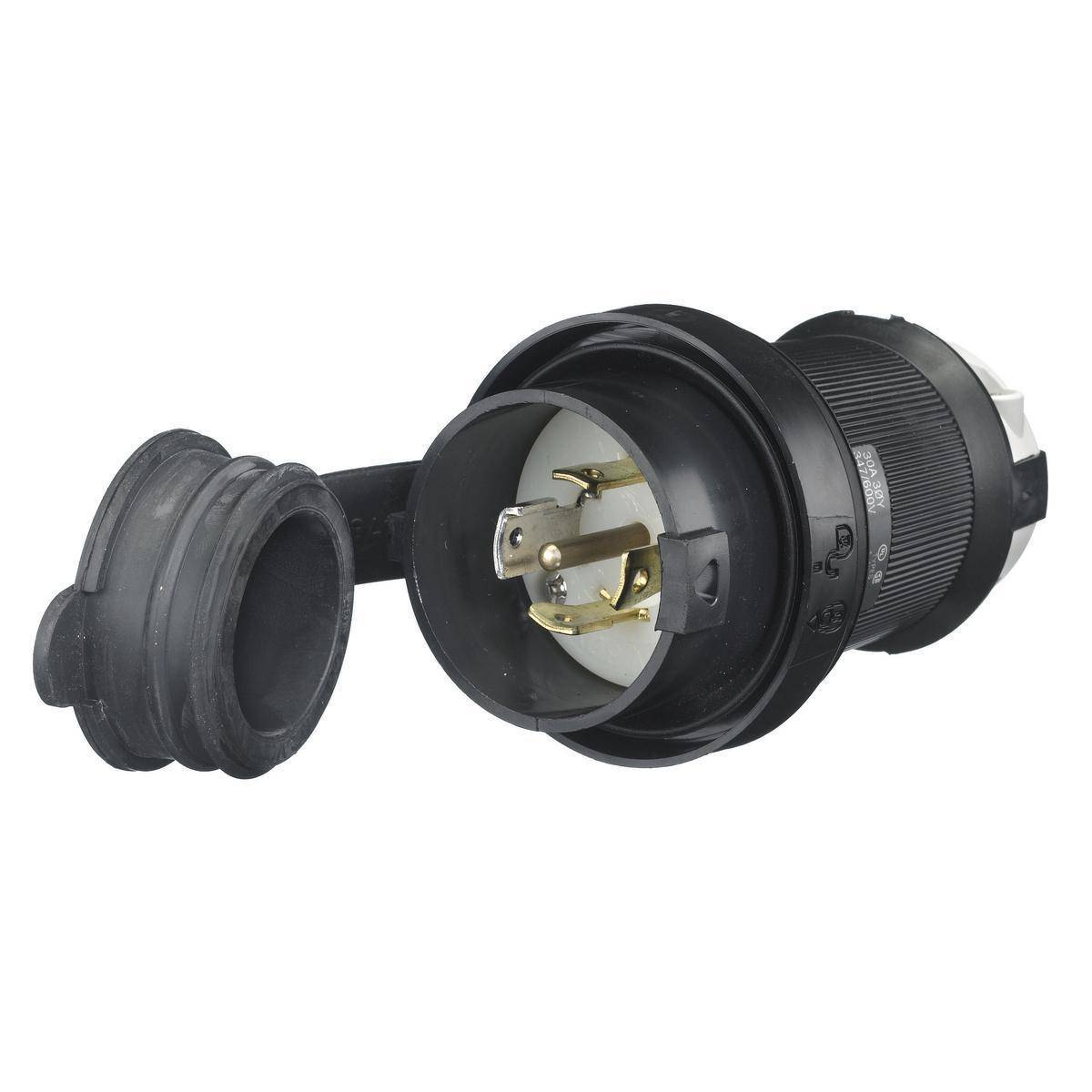 Wiring Device-Kellems Twist-Lock® HBL2831SW 3-Phase Grounding Watertight Locking Plug, 347/600 VAC, 30 A, 4 Poles, 5 Wires, Black/White