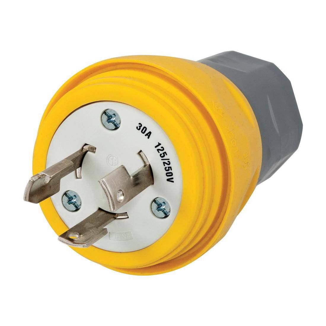 Wiring Device-Kellems HBL28W08 1-Phase Male Non-Grounding Standard Watertight Cord Mount Locking Plug, 125/250 VAC, 30 A, 3 Poles, 3 Wires, Yellow
