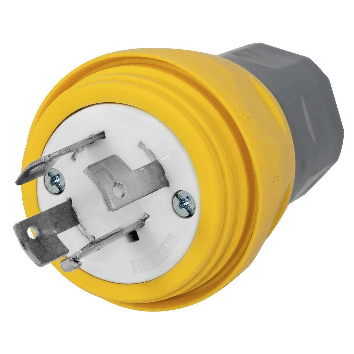 Wiring Device-Kellems Twist-Lock® Elastogrip® HBL28W09 3-Phase Grounding Portable Standard Sized Water/Dust-Tight Cord Mount Locking Male Plug, 120Y/208 VAC, 30 A, 4 Poles, 4 Wires, Yellow