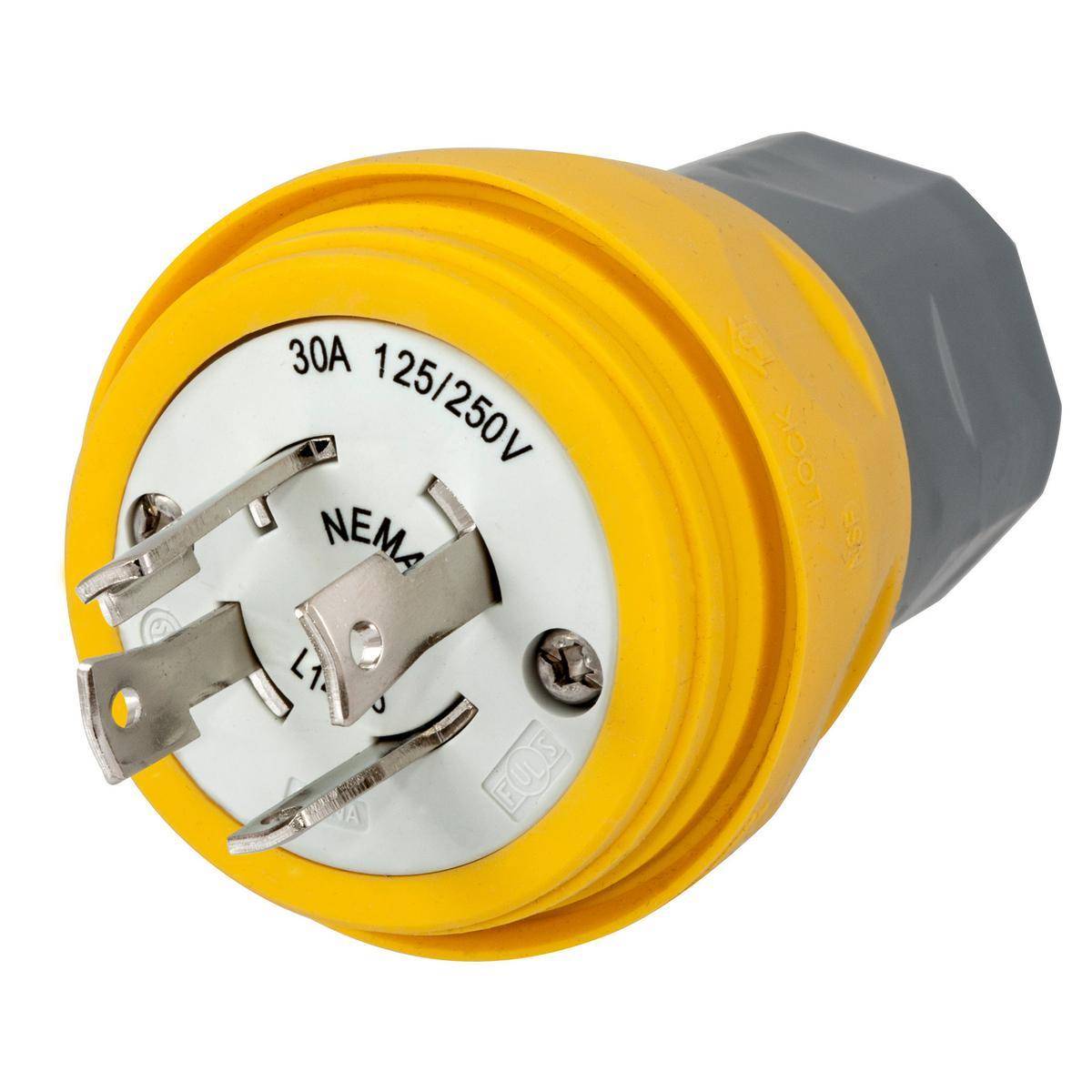 Wiring Device-Kellems HBL28W74 1-Phase Grounding Male Standard Cord Mount Watertight Locking Plug, 125/250 VAC, 30 A, 3 Poles, 4 Wires, Yellow