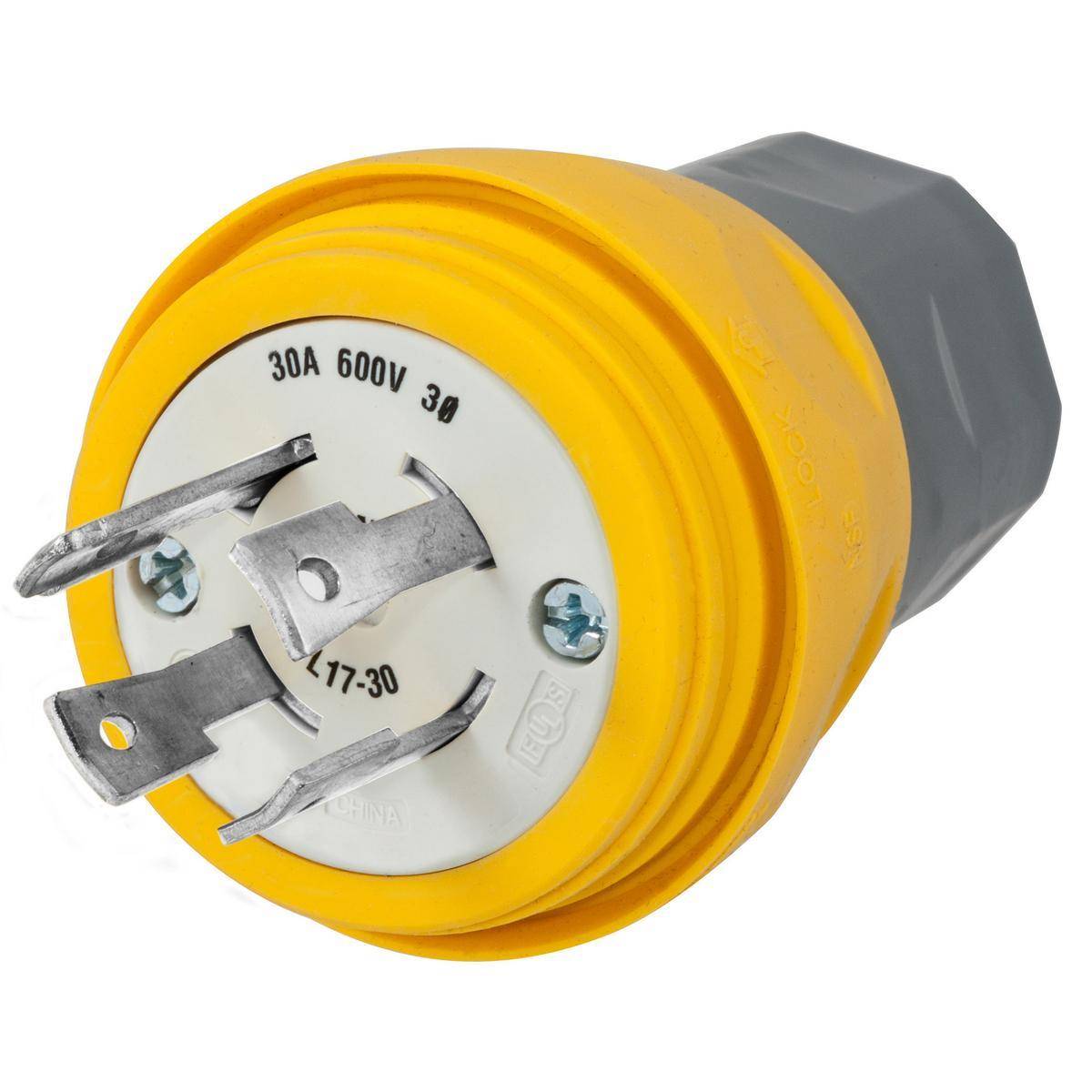 Wiring Device-Kellems Twist-Lock® Elastogrip® HBL28W77 3-Phase Grounding Portable Standard Sized Water/Dust-Tight Cord Mount Watertight Locking Male Plug, 600 VAC, 30 A, 3 Poles, 3 Wires, Yellow