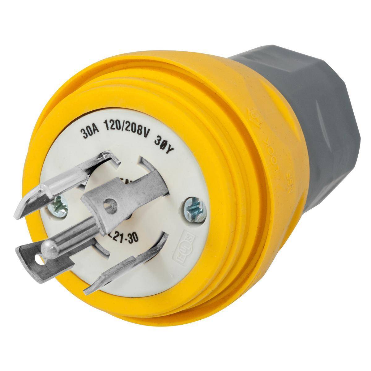 Wiring Device-Kellems Twist-Lock® HBL28W81 3-Phase Grounding Male Portable Standard Watertight Cord Mount Locking Plug, 120/208 VAC, 30 A, 4 Poles, 5 Wires, Yellow
