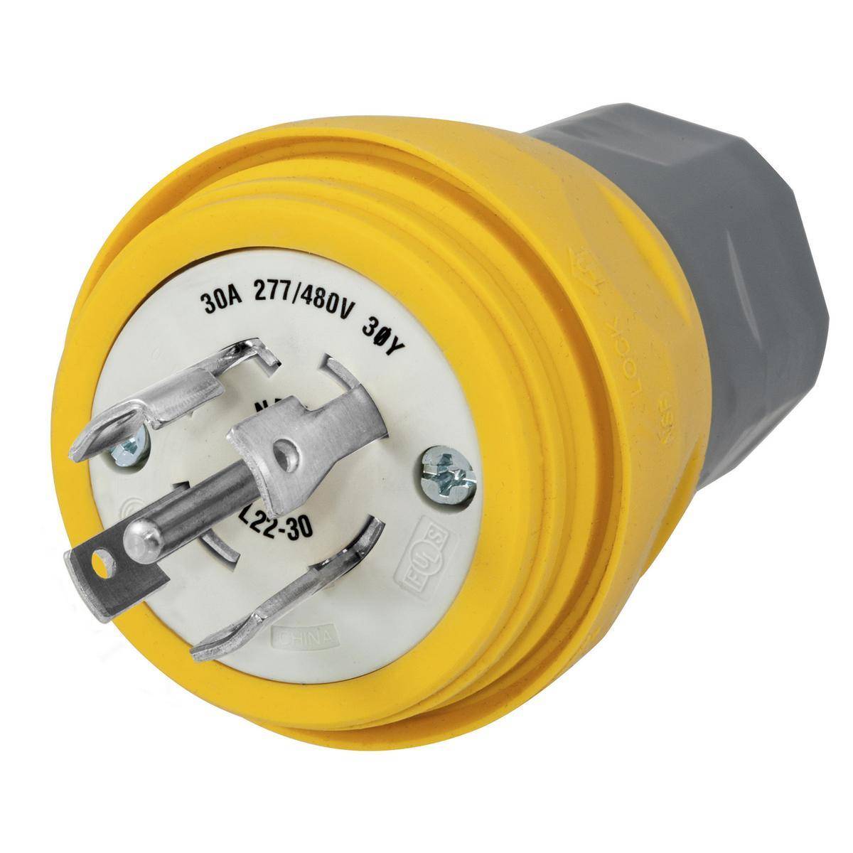 Wiring Device-Kellems HBL28W82 3-Phase Grounding Male Portable Standard Watertight Cord Mount Locking Plug, 277/480 VAC, 30 A, 4 Poles, 5 Wires, Yellow