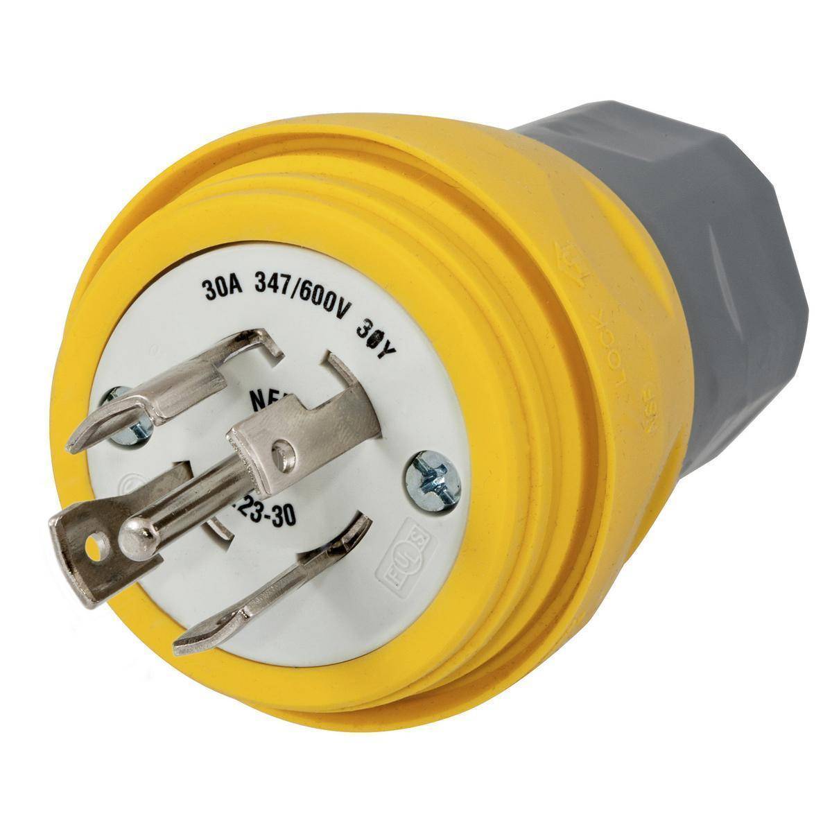 Wiring Device-Kellems Twist-Lock® HBL28W83 3-Phase Grounding Male Portable Standard Watertight Cord Mount Locking Plug, 347/600 VAC, 30 A, 4 Poles, 5 Wires, Yellow