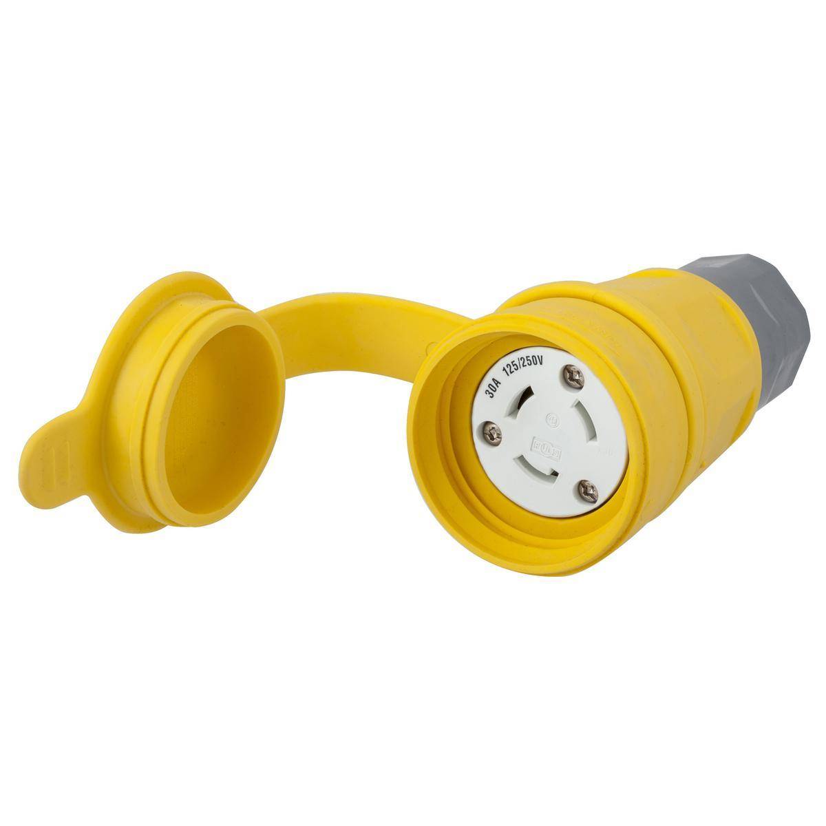 Wiring Device-Kellems Twist-Lock® Elastogrip® HBL29W08 Insulated Isolated Non-Grounding Standard Water/Dust-Tight Cord Mount Watertight Locking Female Connector, 125/250 VAC, 30 A, 3 Poles, 3 Wires, Yellow