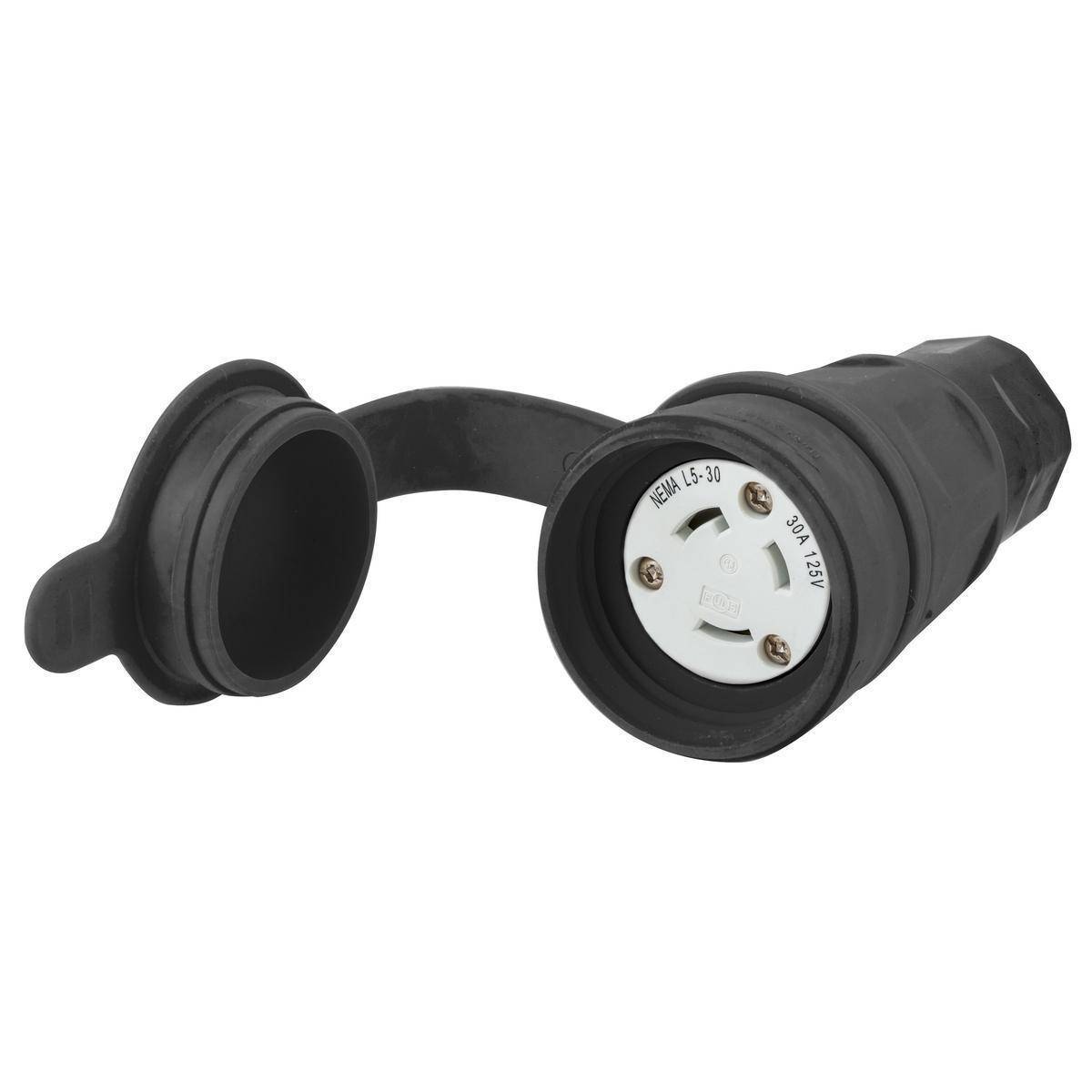 Wiring Device-Kellems Twist-Lock® HBL29W47BK Female Grounding Insulated Standard Cord Mount Watertight Locking Connector, 125 VAC, 30 A, 2 Poles, 3 Wires, Black