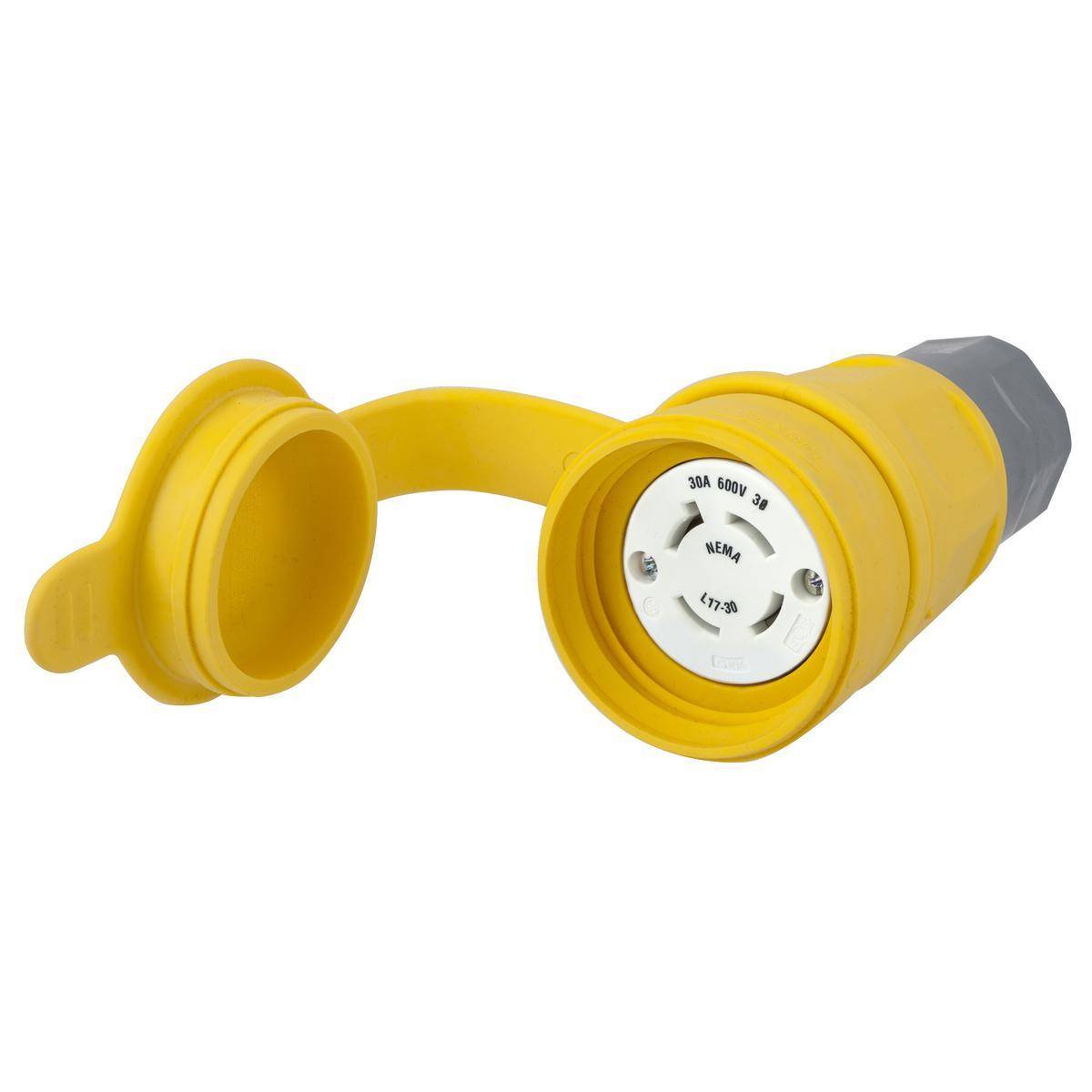 Wiring Device-Kellems Twist-Lock® Elastogrip® HBL29W77 3-Phase Isolated Grounding Standard Sized Water/Dust-Tight Cord Mount Watertight Female Connector, 600 Delta VAC, 30 A, 3 Poles, 4 Wires, Yellow