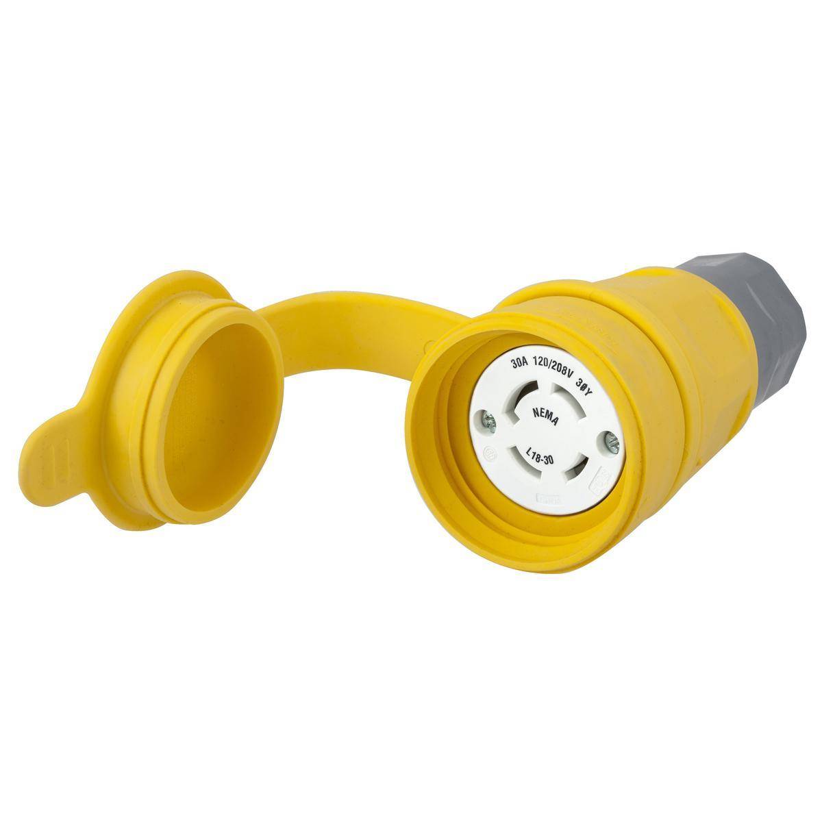 Wiring Device-Kellems HBL29W78 3-Phase Isolated Grounding Standard Sized Water/Dust-Tight Cord Mount Watertight Female Connector, 120Y/208 VAC, 30 A, 4 Poles, 5 Wires, Yellow