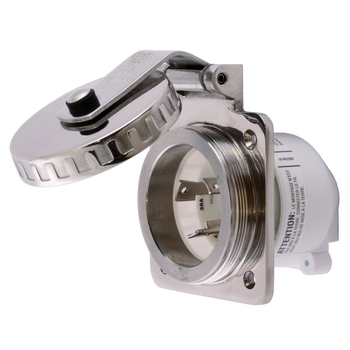 Wiring Device-Kellems HBL303SSELCI 1-Phase Grounding Standard Weather Resistant Screw Mount Straight Blade Inlet Kit With Hardware, 125 VAC, 30 A, 2 Poles, 3 Wires, Metallic