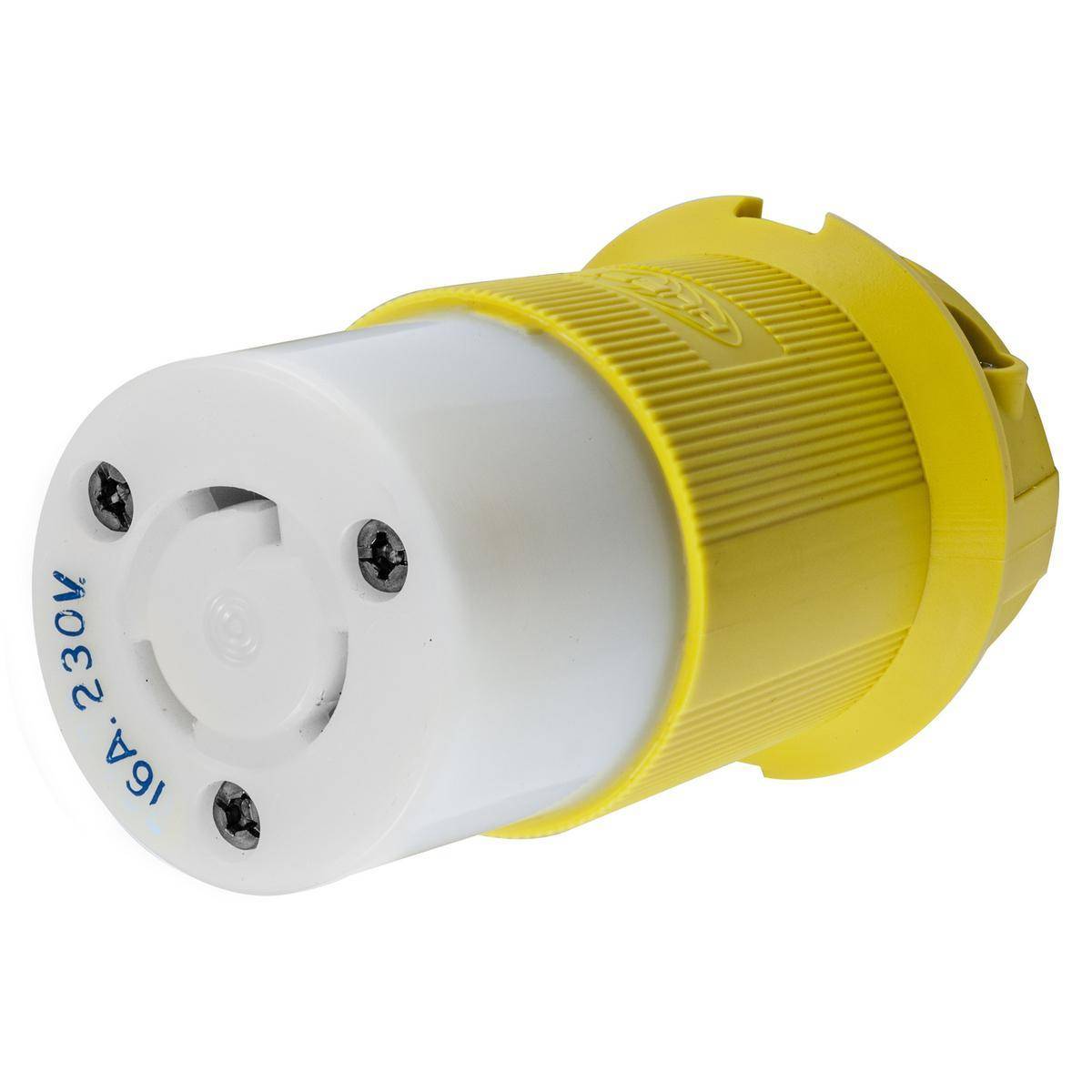 Wiring Device-Kellems Twist-Lock® HBL316CRCX Heavy Duty Isolated Grounding Standard Sized Weatherproof Cord Mount Female Connector, 230 VAC, 16 A, 2 Poles, 3 Wires, Yellow
