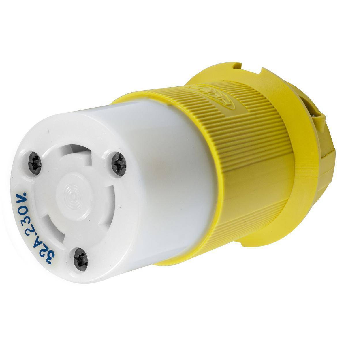 Wiring Device-Kellems Twist-Lock® HBL332CRCX Heavy Duty Isolated Grounding Standard Sized Weatherproof Cord Mount Female Connector, 230 VAC, 32 A, 2 Poles, 3 Wires, Yellow