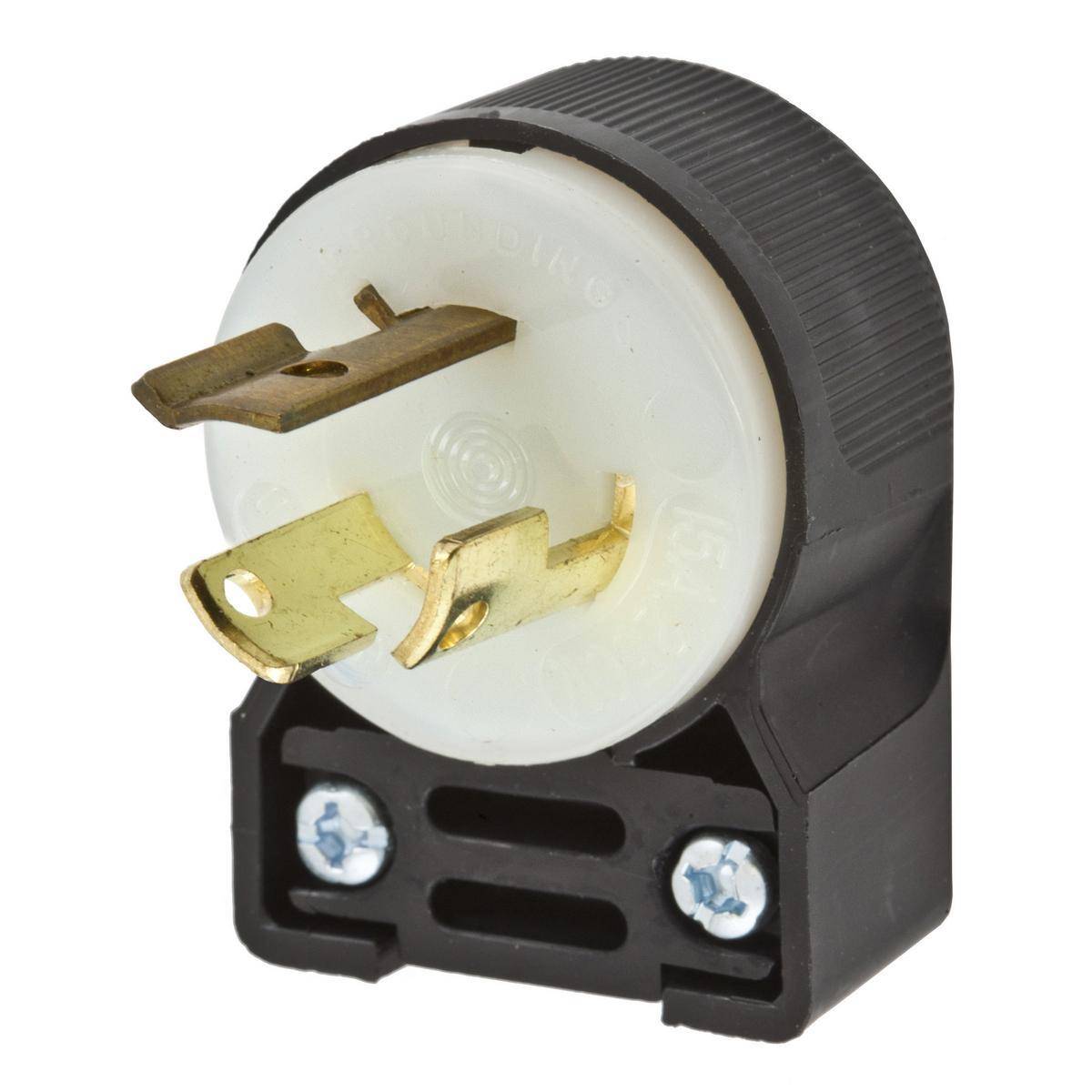 Wiring Device-Kellems HBL4570CA 1-Phase Angled Grounding Male Standard Cord Mount Locking Plug, 250 VAC, 15 A, 2 Poles, 3 Wires, Black/White