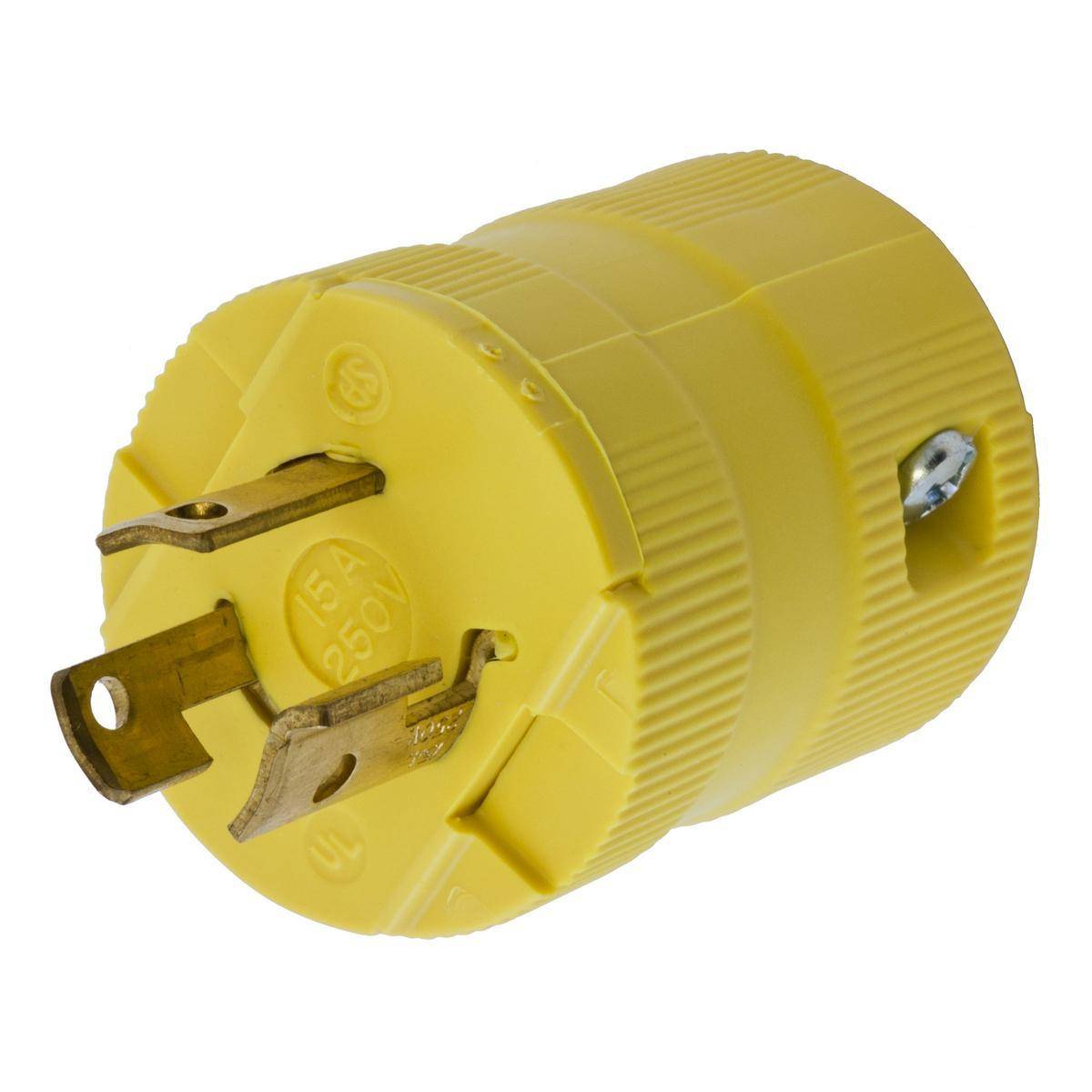Wiring Device-Kellems HBL4573VY 1-Phase Grounding Male Standard Cord Mount Locking Plug, 250 VAC, 15 A, 2 Poles, 3 Wires, Yellow