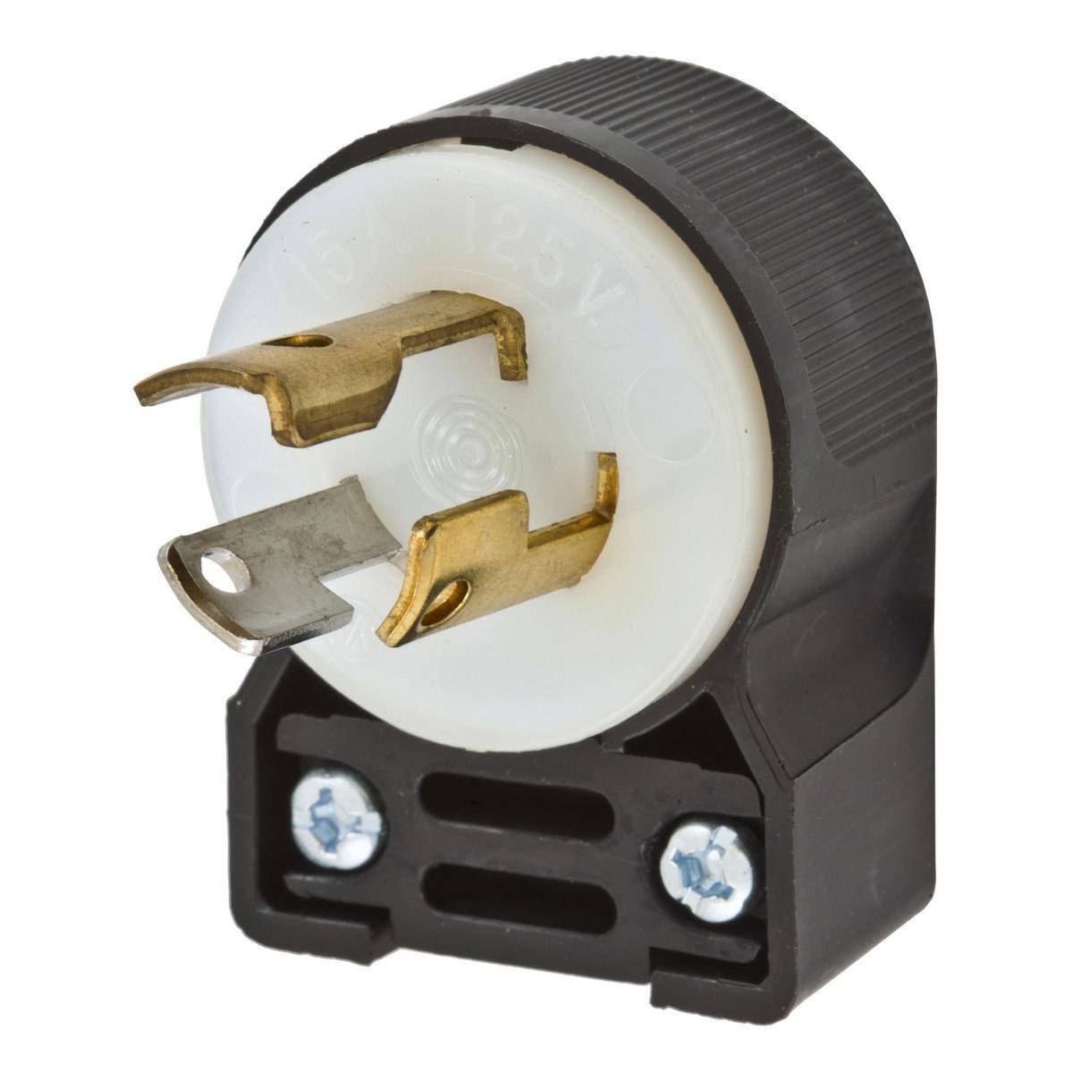 Wiring Device-Kellems HBL4720CA 1-Phase Angled Grounding Male Standard Cord Mount Locking Plug, 125 VAC, 15 A, 2 Poles, 3 Wires, Black/White