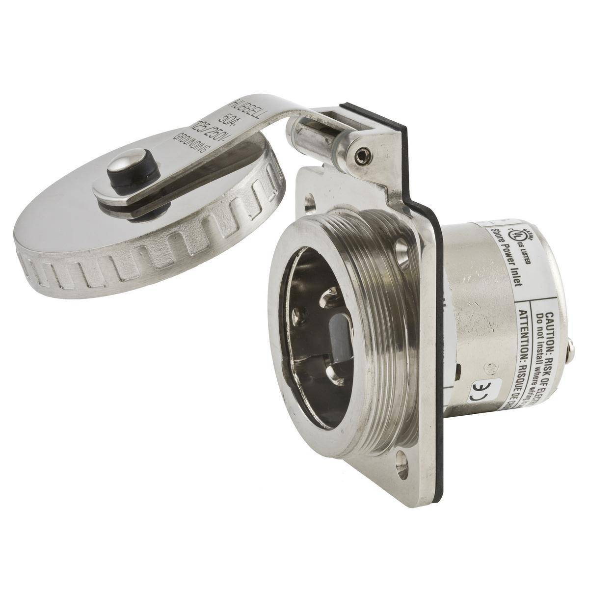 Wiring Device-Kellems HBL504SSELCIH 1-Phase Grounding Non-NEMA Standard Weather-Resistant Screw Mount Hull Inlet With Plate and Hardware, 125/250 VAC, 50 A, 3 Poles, 4 Wires, Metallic