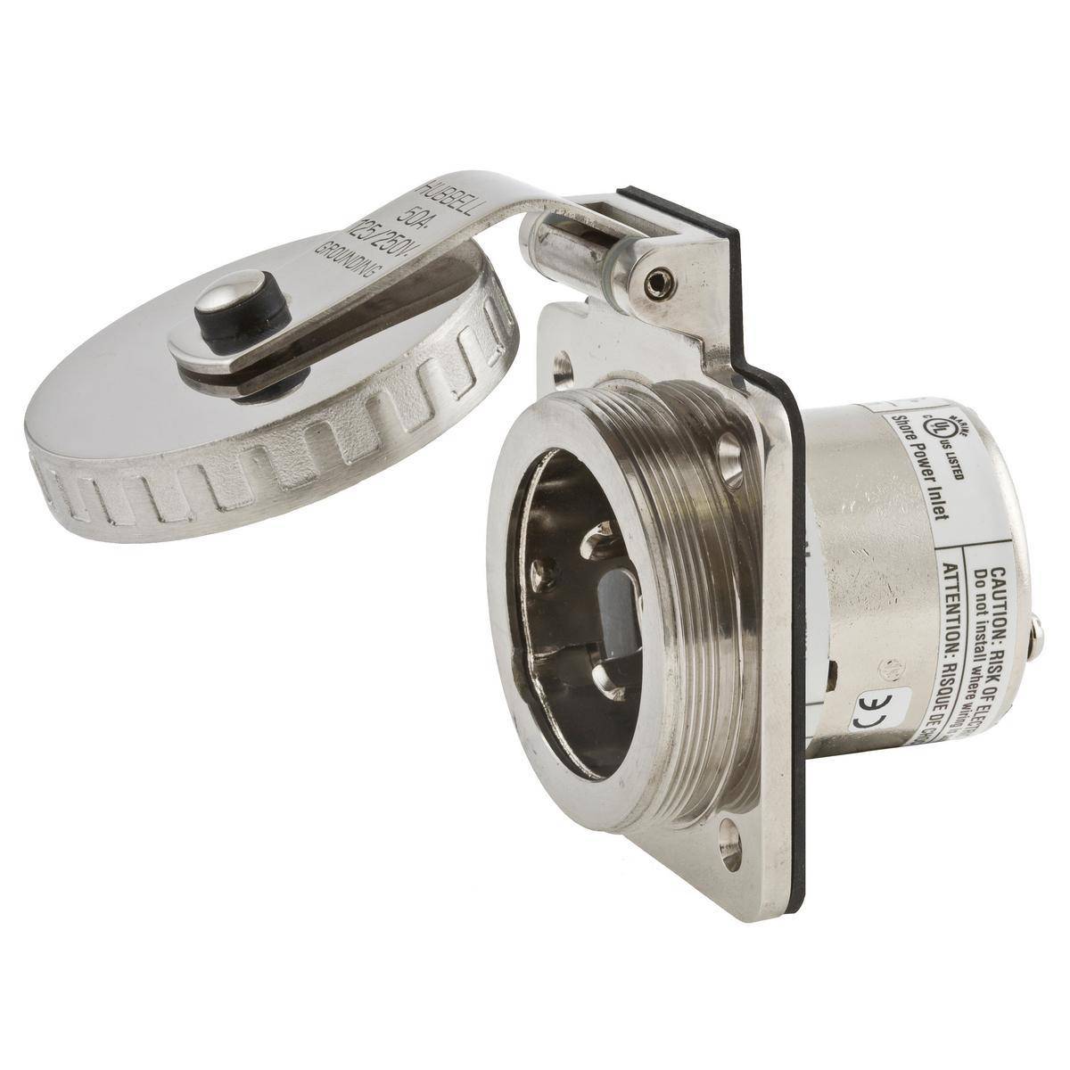 Wiring Device-Kellems HBL504SSELCI 1-Phase Grounding Non-NEMA Standard Weather-Resistant Screw Mount Hull Inlet With Plate and Hardware, 125/250 VAC, 50 A, 3 Poles, 4 Wires, Metallic