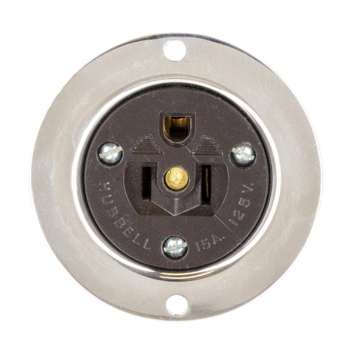 Wiring Device-Kellems HBL5279 1-Phase Grounding Heavy Duty Standard Sized Screw Mount Flanged Receptacle, 125 VAC, 15 A, 2 Poles, 3 Wires, Metallic