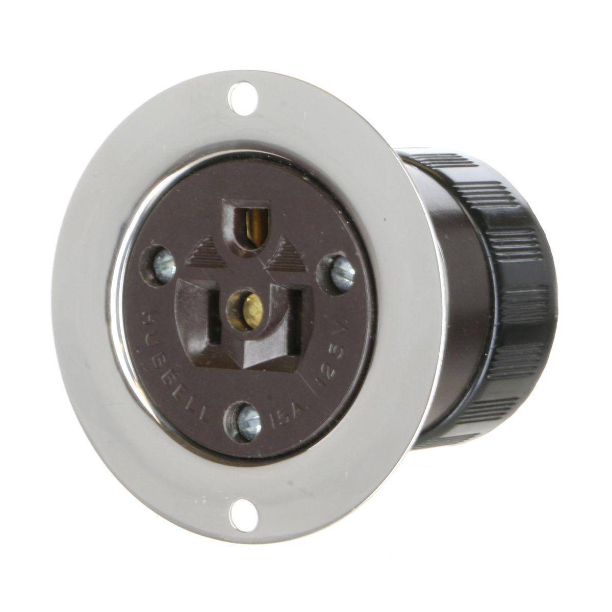 Wiring Device-Kellems HBL5279 1-Phase Grounding Heavy Duty Standard Sized Screw Mount Flanged Receptacle, 125 VAC, 15 A, 2 Poles, 3 Wires, Metallic