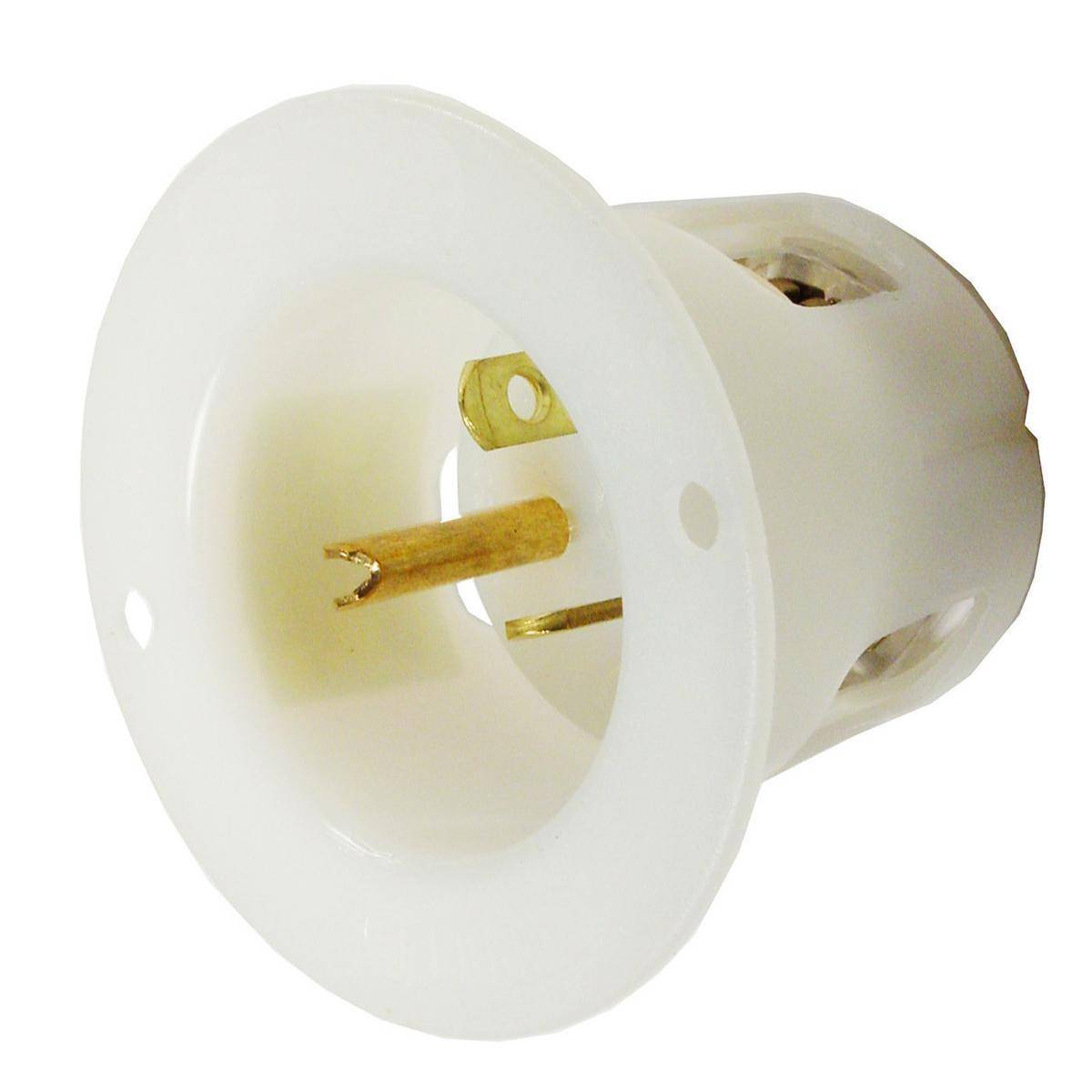 Wiring Device-Kellems Insulgrip® HBL5478C 1-Phase Extra Heavy Duty Male Grounding Screw Mount Straight Blade Flanged Inlet, 250 VAC, 20 A, 2 Poles, 3 Wires, White