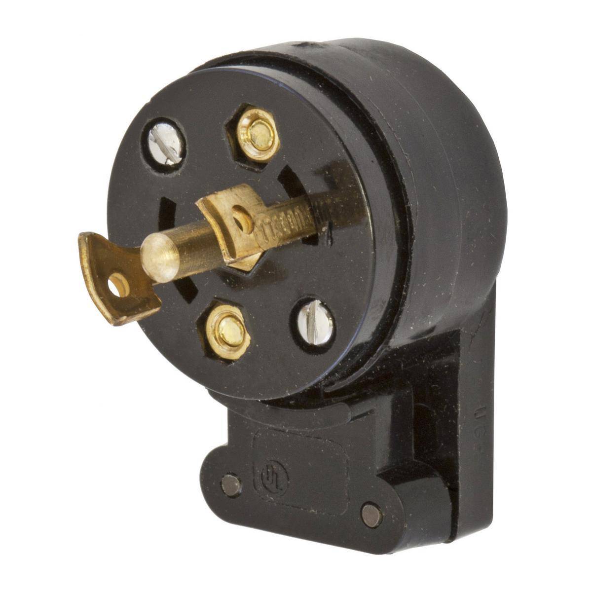 Wiring Device-Kellems HBL7432 1-Phase 1-Gang Angled Male Non-Grounding Midget Screw Mount Locking Plug, 125/250 VAC, 15 A, 3 Poles, 3 Wires, Black